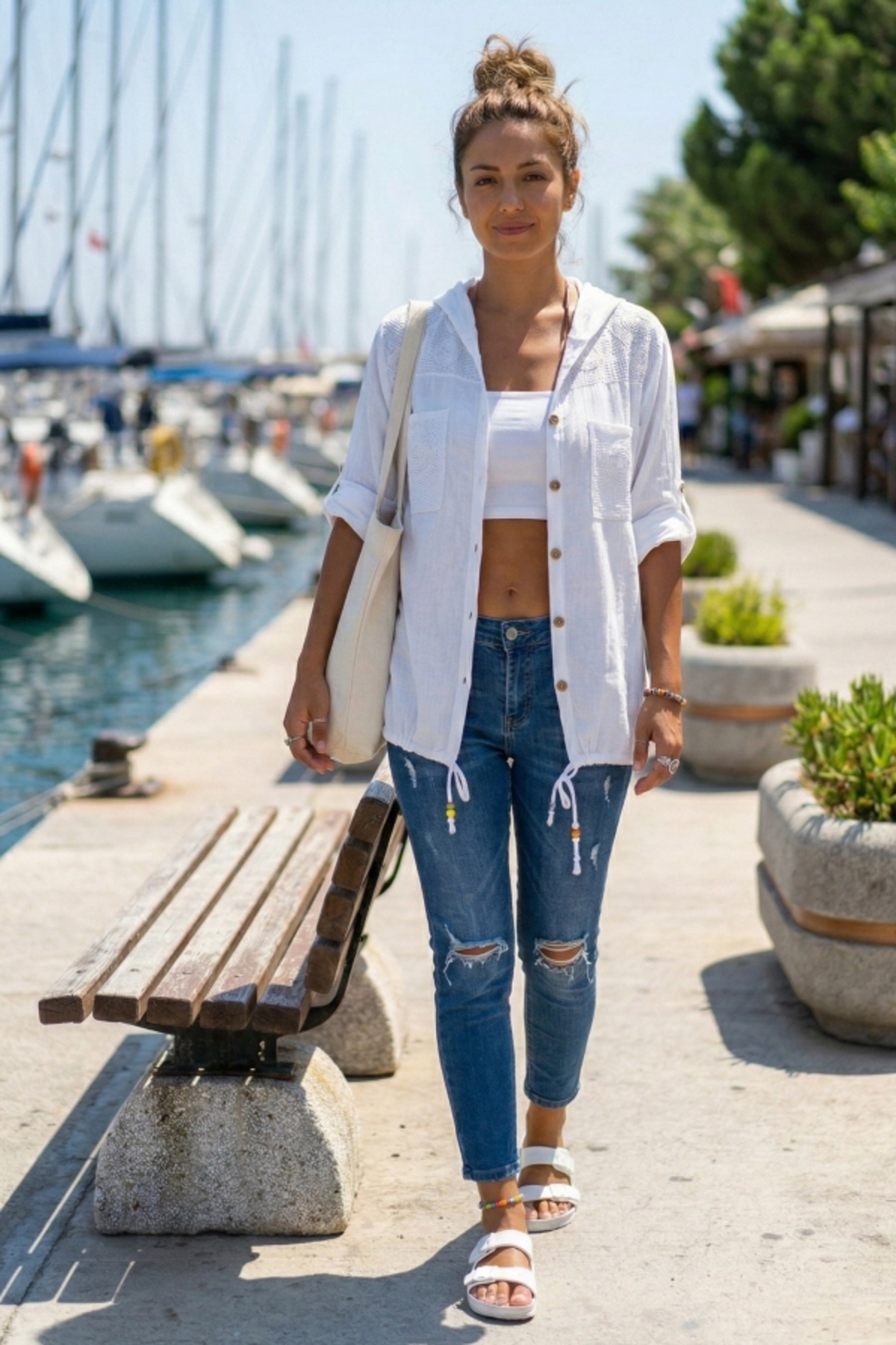 Chiccy  Beyaz 3/4 Kol Cepli Önü Nakışlı Casual Dokuma Ceket 70 65 - Görsel 4