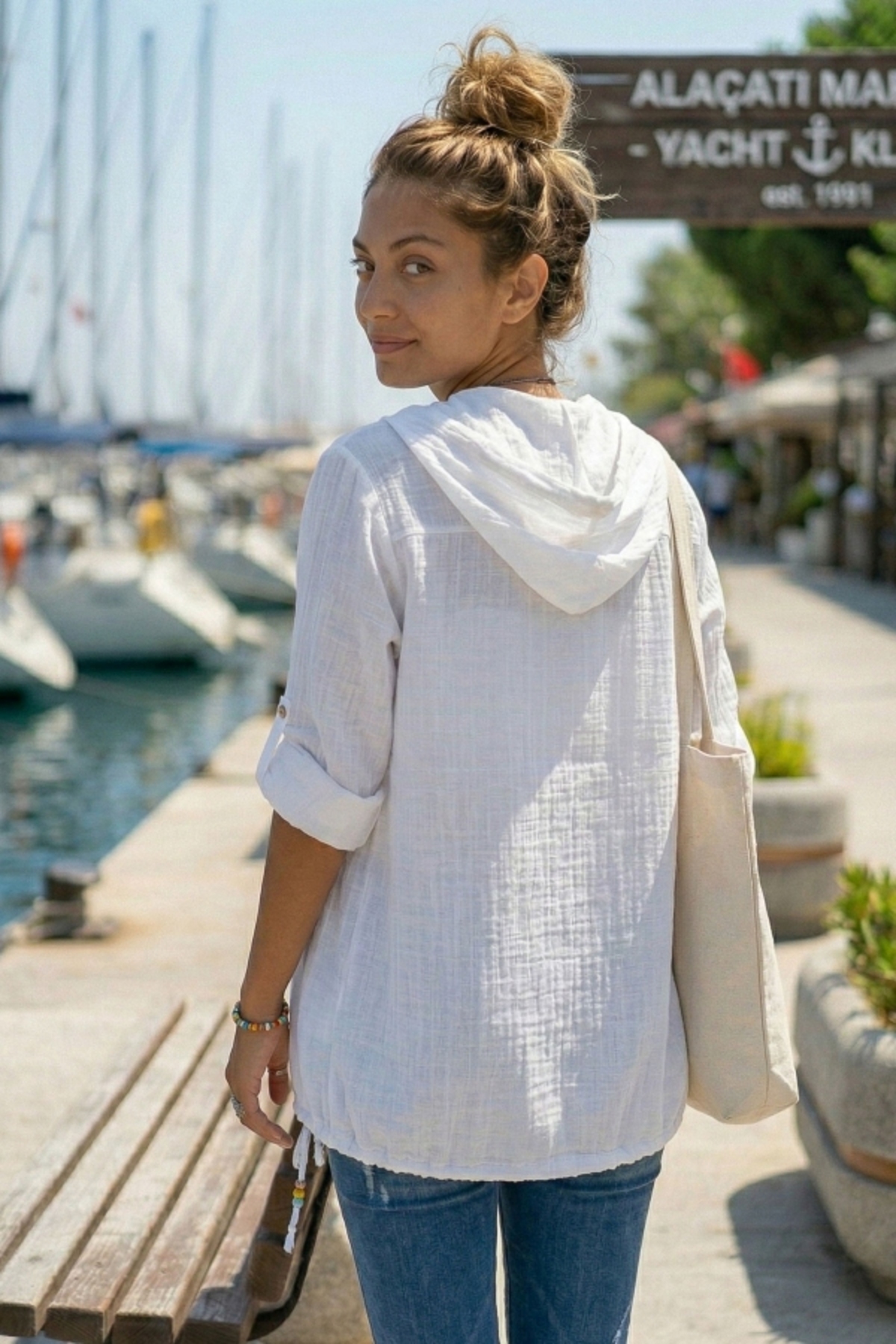 Chiccy  Beyaz 3/4 Kol Cepli Önü Nakışlı Casual Dokuma Ceket 70 65 - Görsel 3