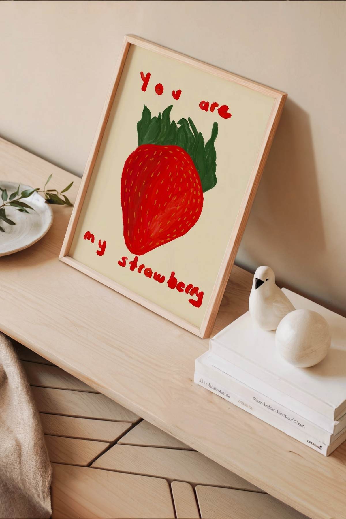 Kırmızı Çilek Poster Romantik Yazılı Tablo Çerçevesiz