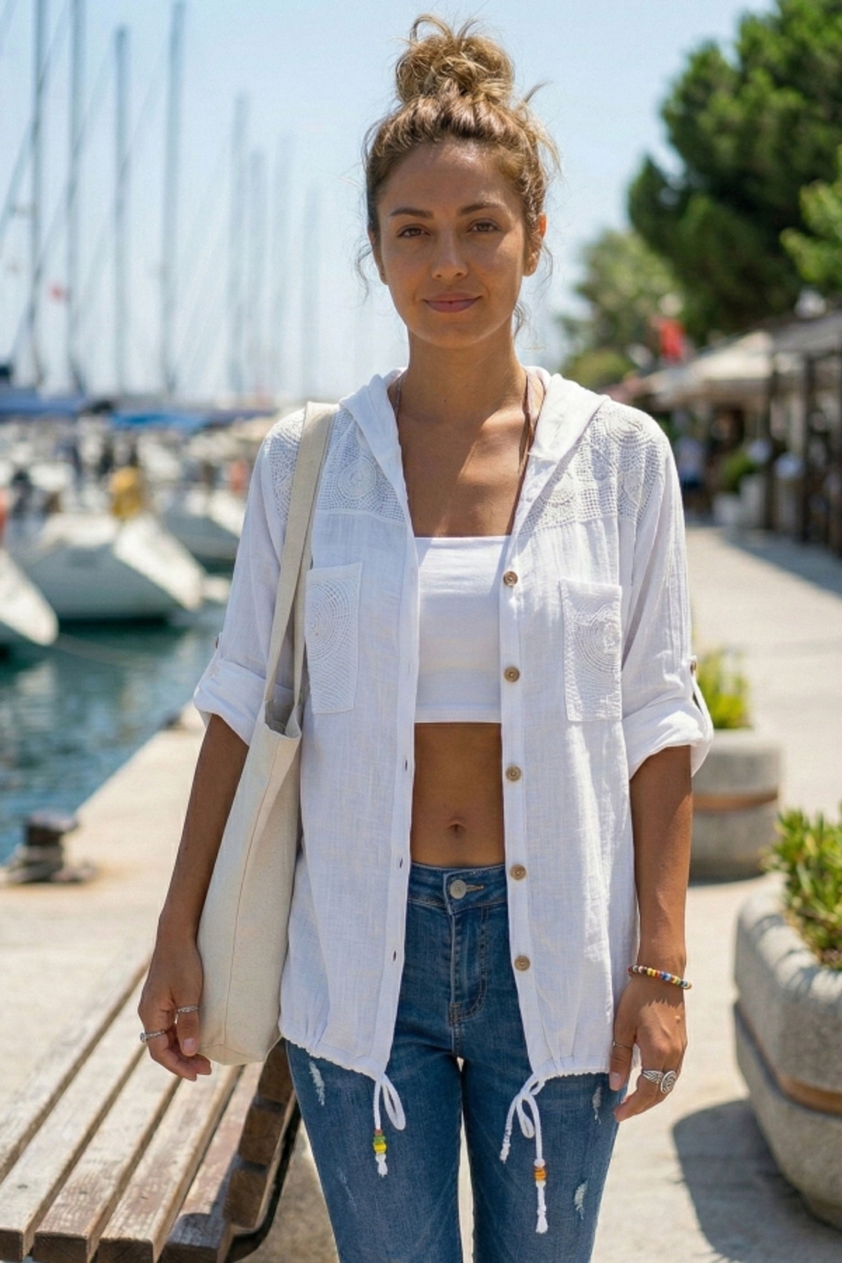 Chiccy  Beyaz 3/4 Kol Cepli Önü Nakışlı Casual Dokuma Ceket 70 65 - Görsel 2