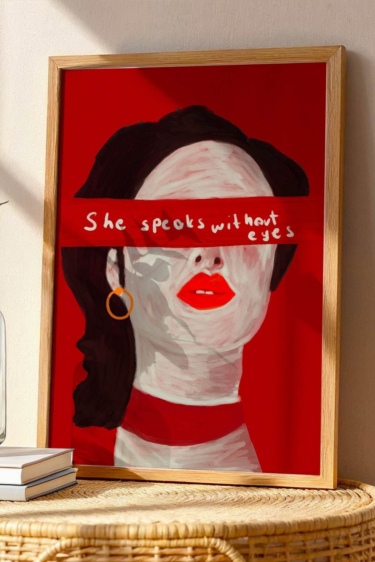 Kadın Portre Tablosu Kırmızı Modern Sanat Duvar Tablosu Yazılı Dekoratif Poster – Çerçevesiz