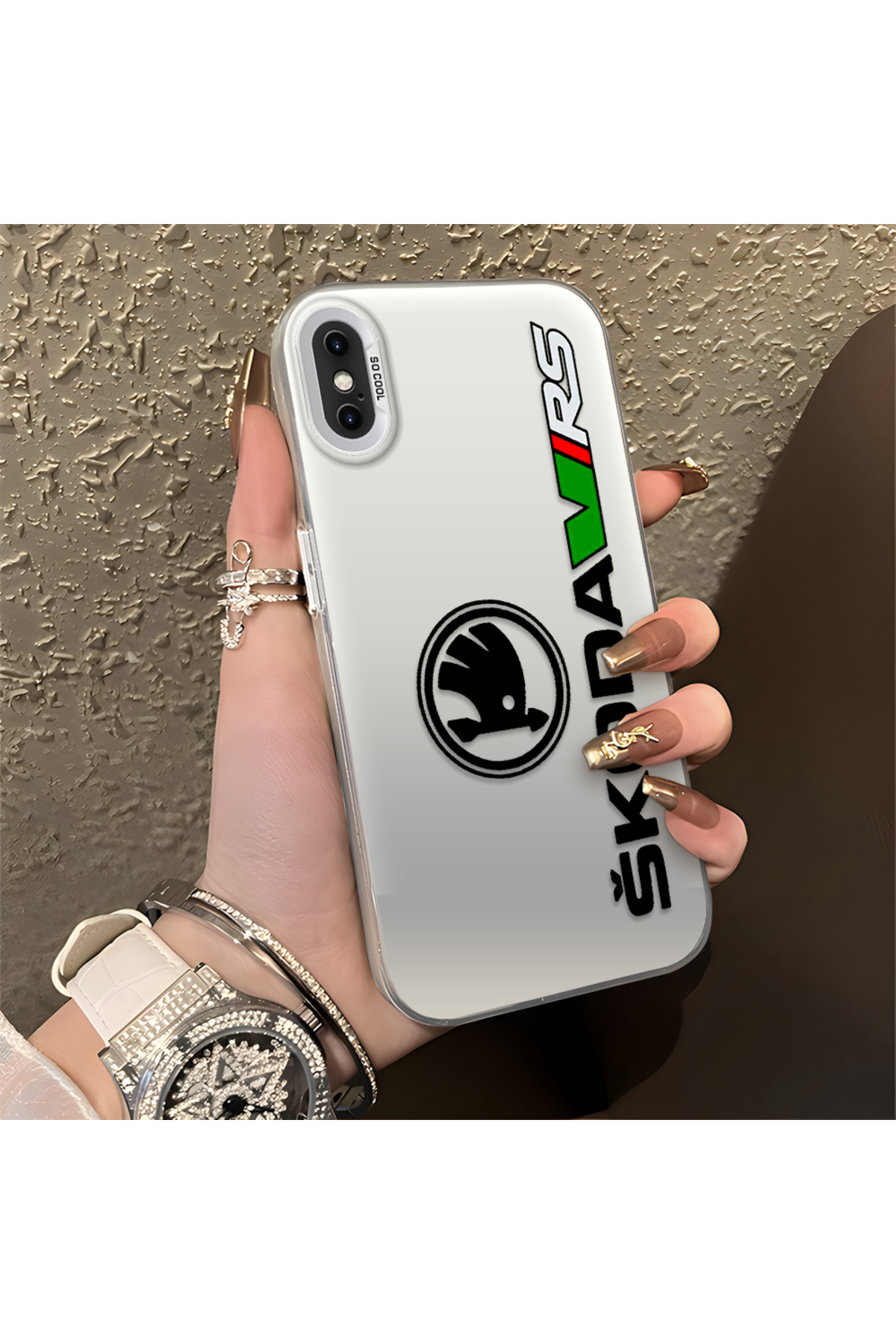 iPhone XS Compatible Silicone Edge Hard Rear Anti Fall Phone Case with Škoda Pattern