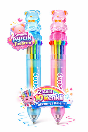 Brumoon Bear 10 Renk Tükenmez Kalem 2'li Set - Pembe Mavi