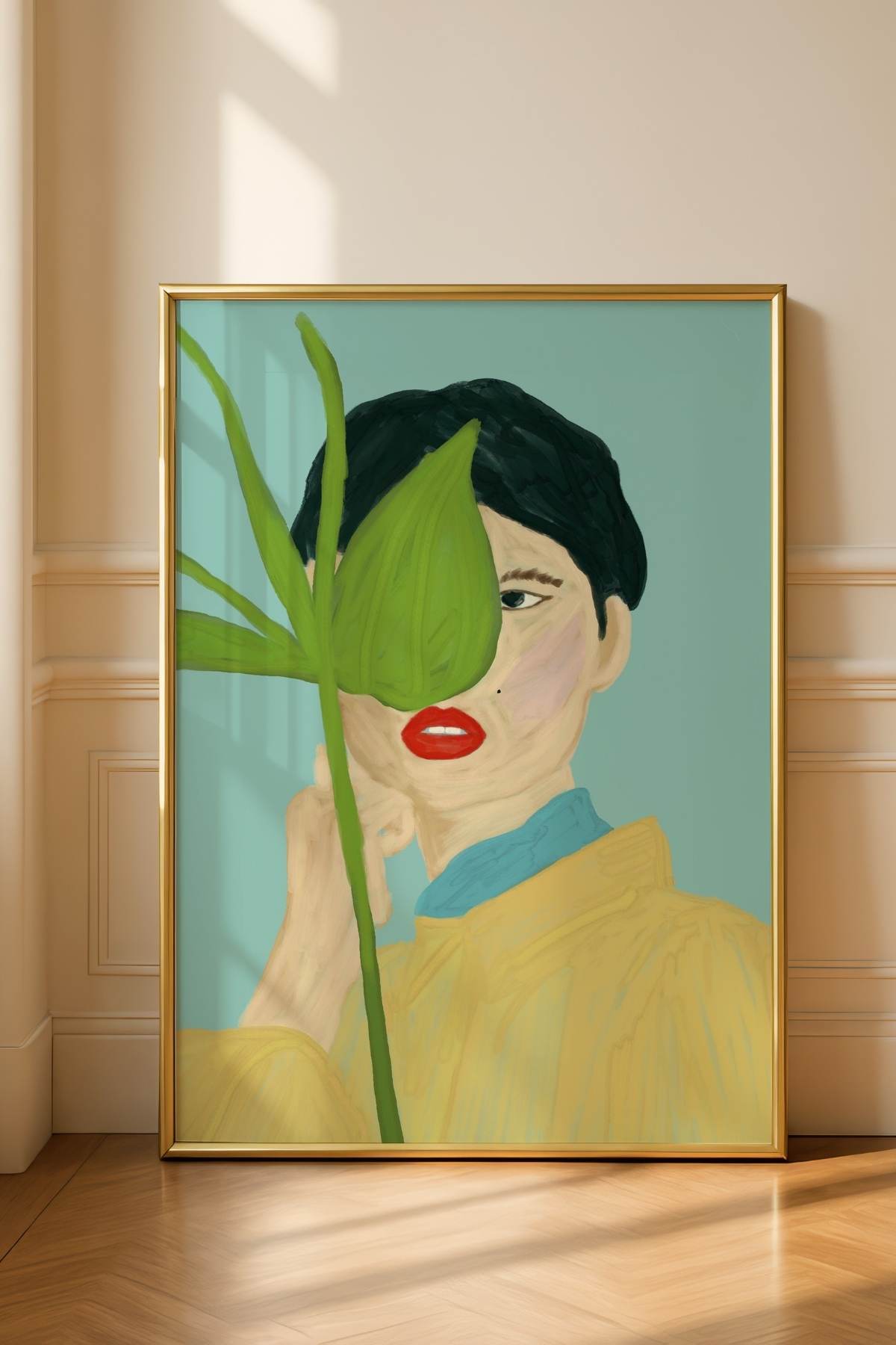 Yapraklı Kadın Portre Poster Soyut Modern Sanat Dekoratif Duvar Tablosu Çerçevesiz