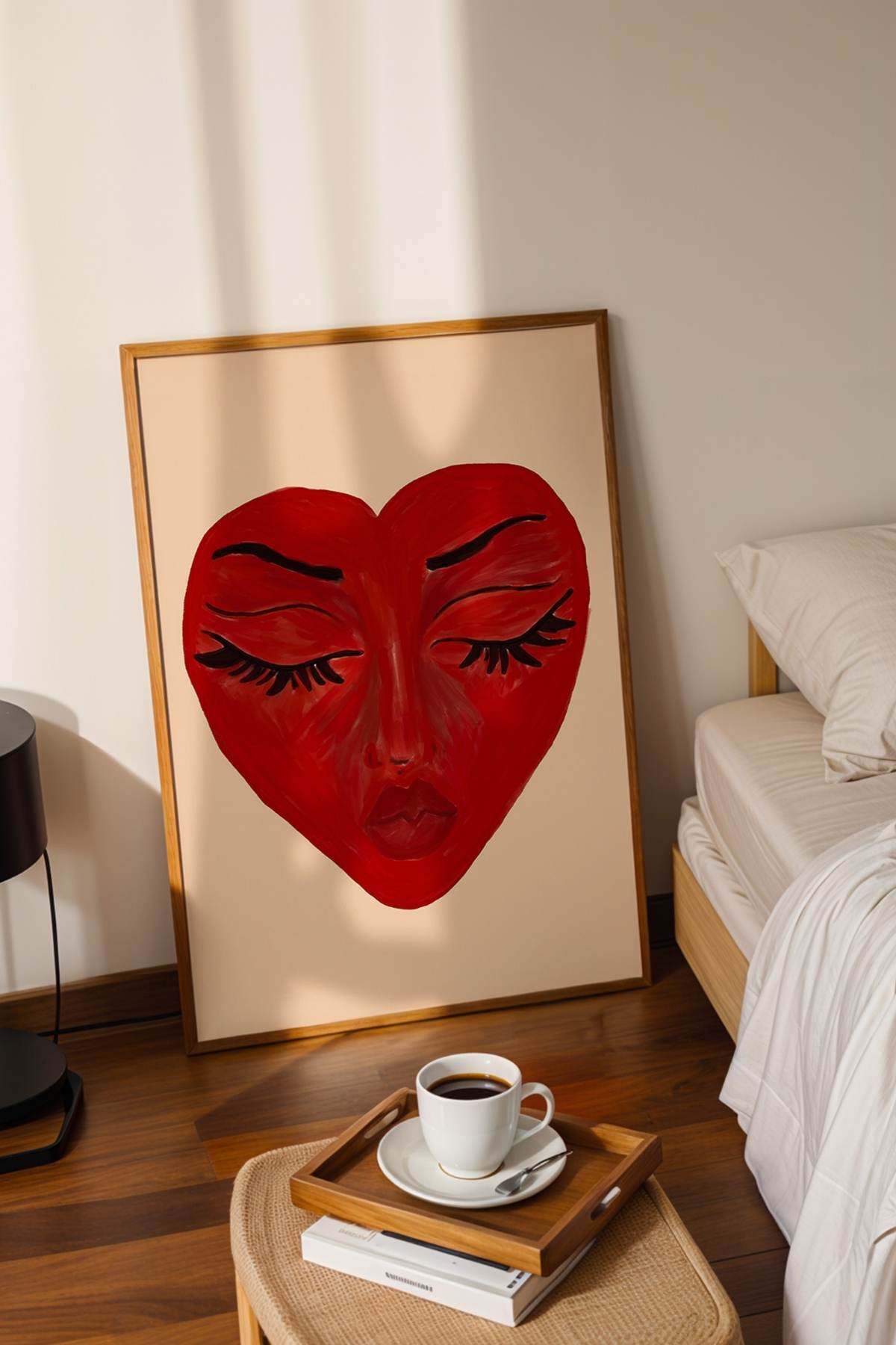 Kırmızı Kalp Yüz Figürlü Poster Soyut Modern Sanat Dekoratif Duvar Tablosu Çerçevesiz