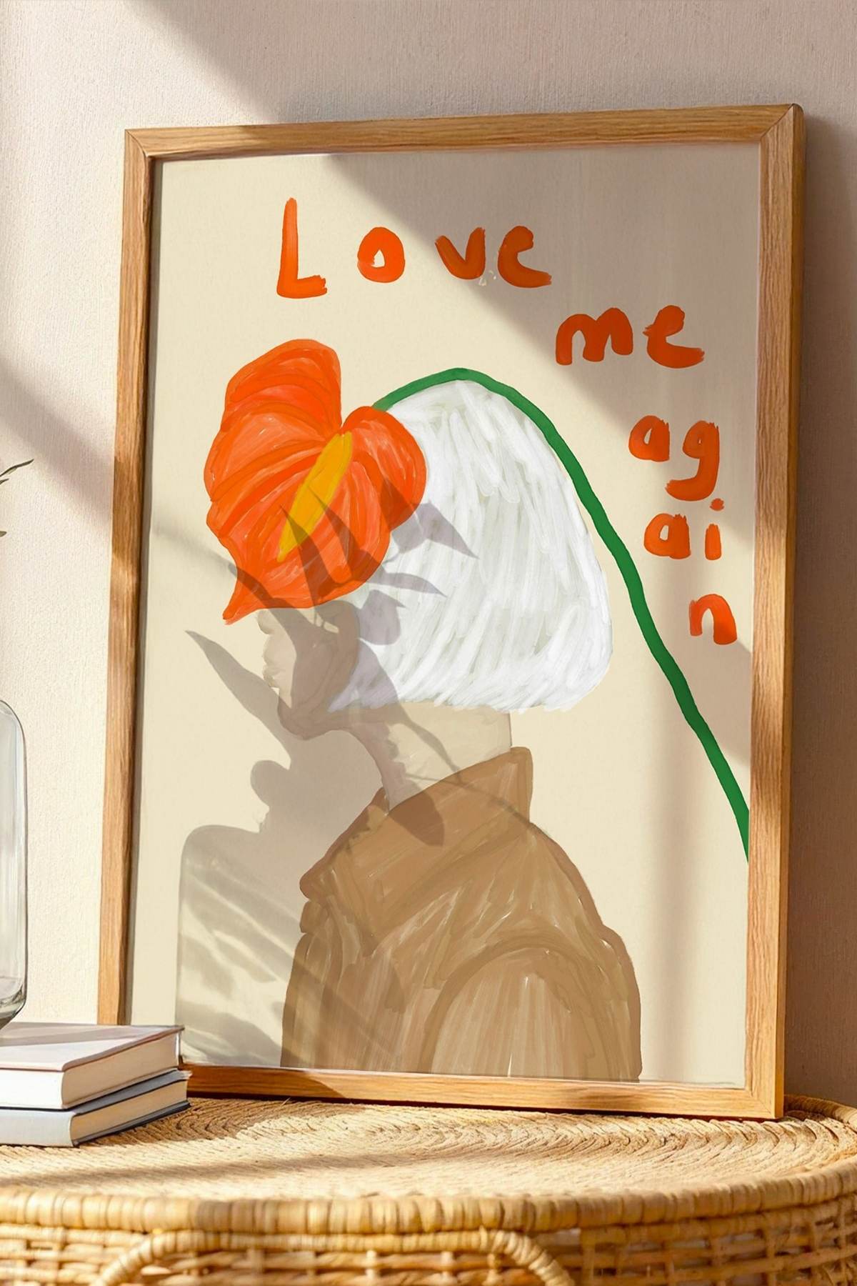 Turuncu Çiçekli Kadın Portre Posteri Modern Dekoratif Duvar Tablosu Çerçevesiz