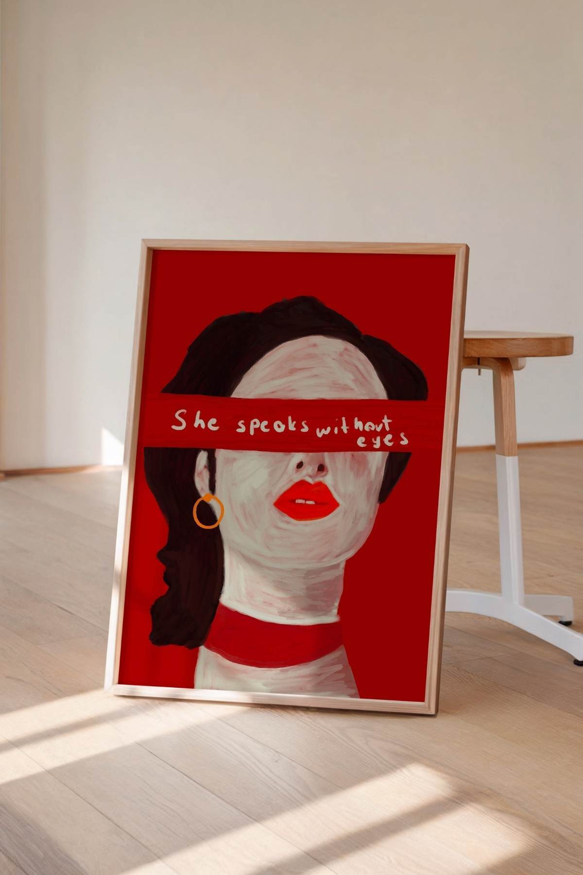 Kadın Portre Tablosu Kırmızı Modern Sanat Duvar Tablosu Yazılı Dekoratif Poster – Çerçevesiz