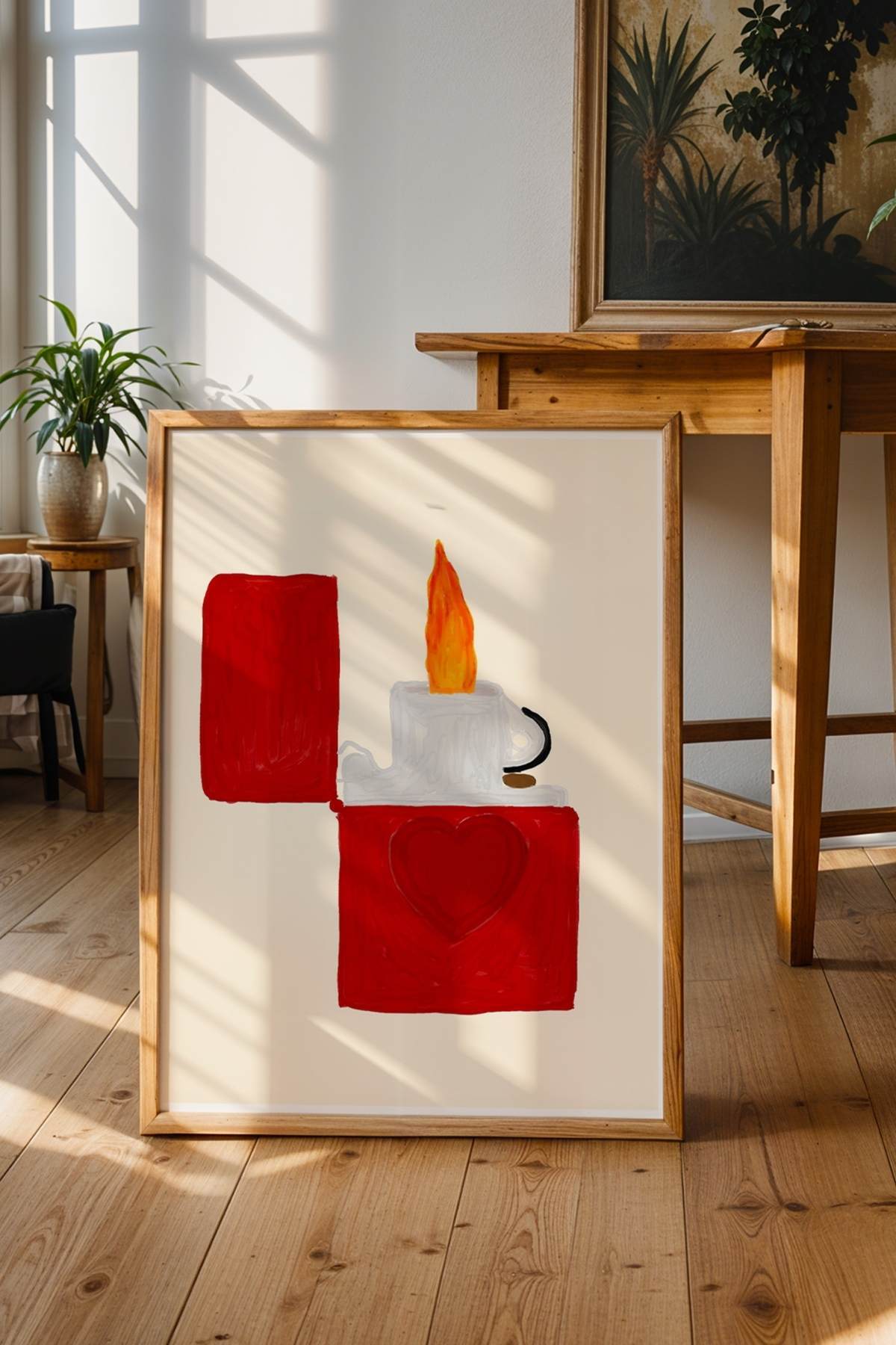 Kırmızı Çakmak ve Kalp Poster Minimal Modern Tablo Salon Duvar Dekoru Çerçevesiz