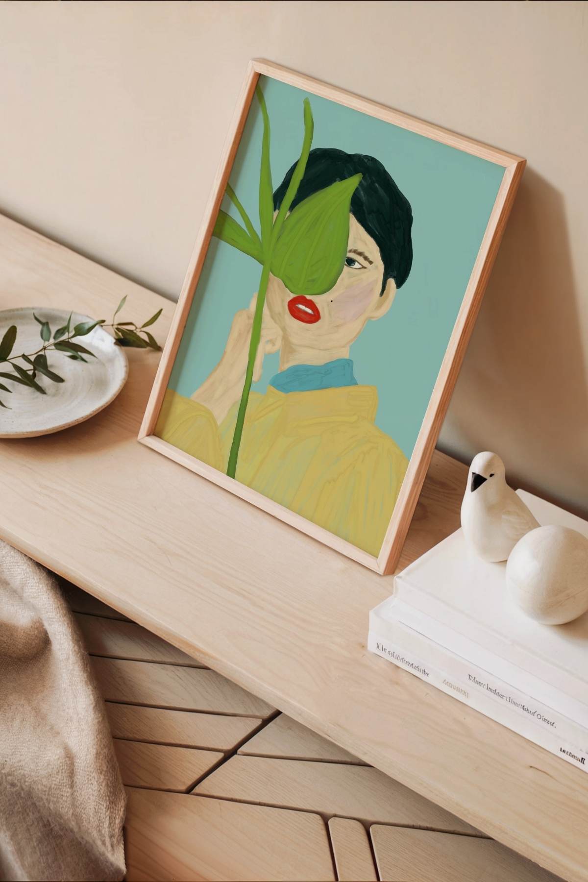 Yapraklı Kadın Portre Poster Soyut Modern Sanat Dekoratif Duvar Tablosu Çerçevesiz