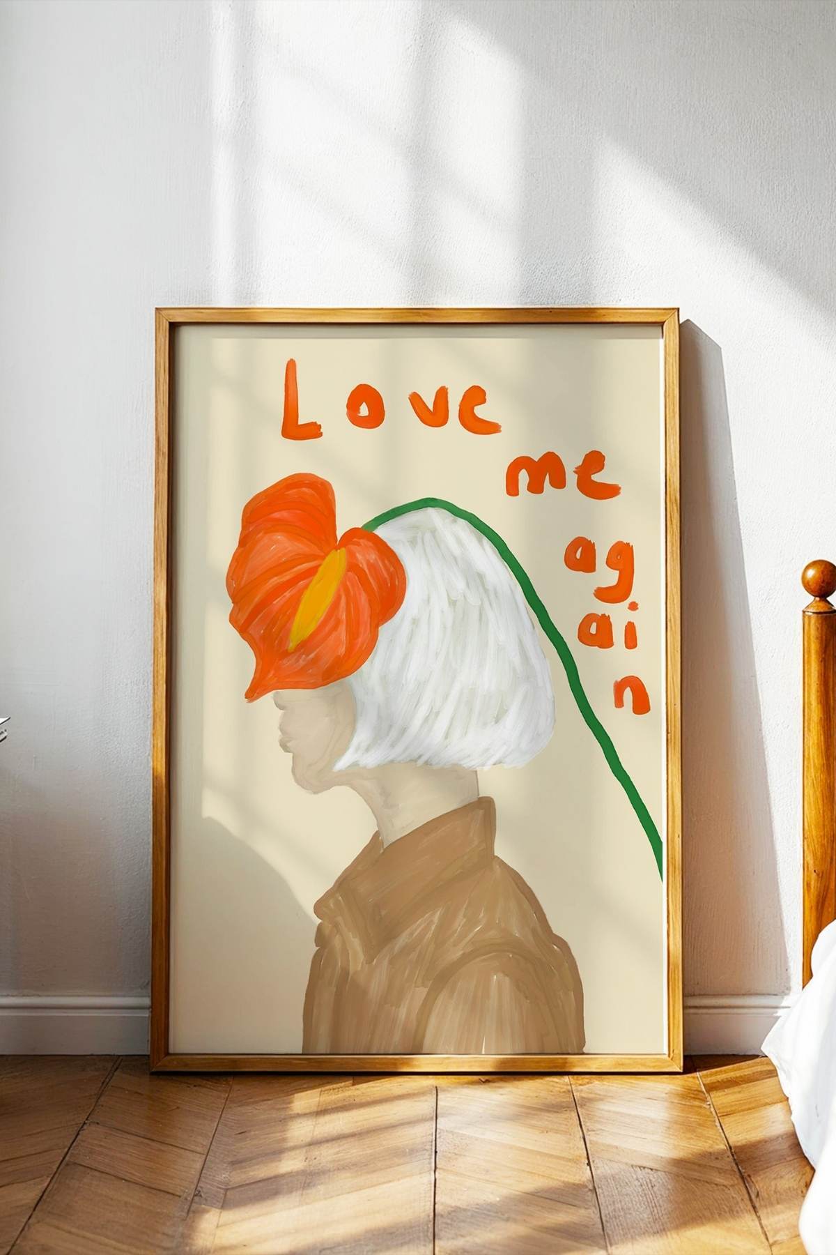 Turuncu Çiçekli Kadın Portre Posteri Modern Dekoratif Duvar Tablosu Çerçevesiz