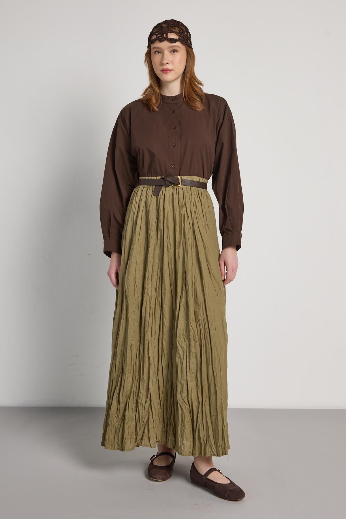 minaaise  Kadın Haki Vual Kumaş Kırışık Uzun Astarlı Etek 29062 - Görsel 3