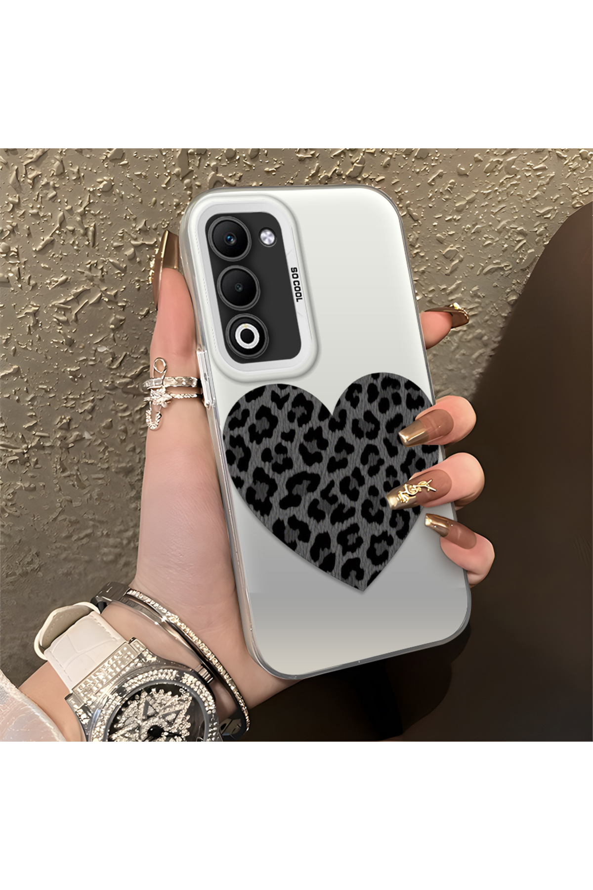 OPPO A5 5G Compatible Silicone Edge Hard Back Anti Fall Phone Case Leopard Heart Patterned