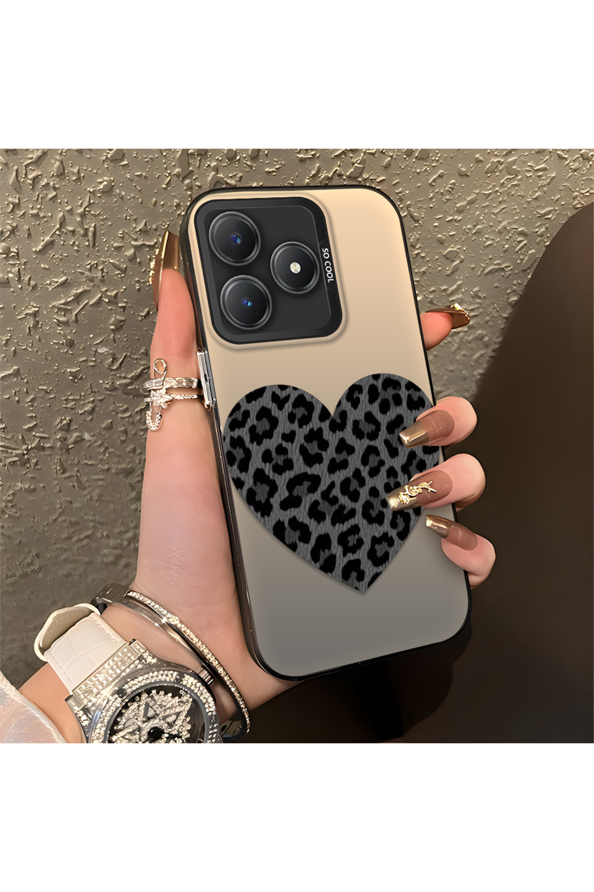 Realme C61 Compatible Silicone Edge Hard Back Anti Fall Phone Case Leopard Heart Pattern