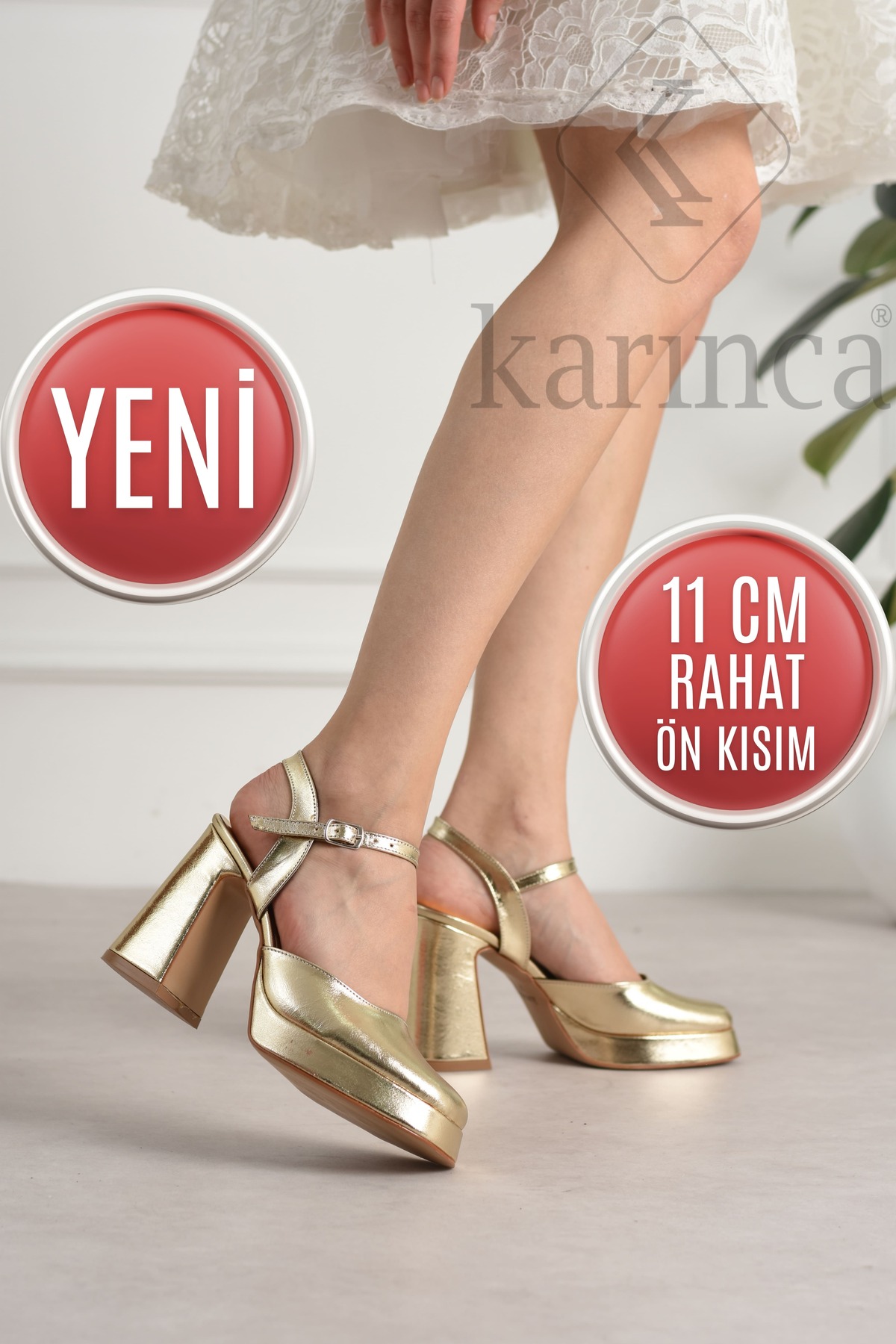 Gold Abiye Ayakkabı 11 cm Kalın Topuklu