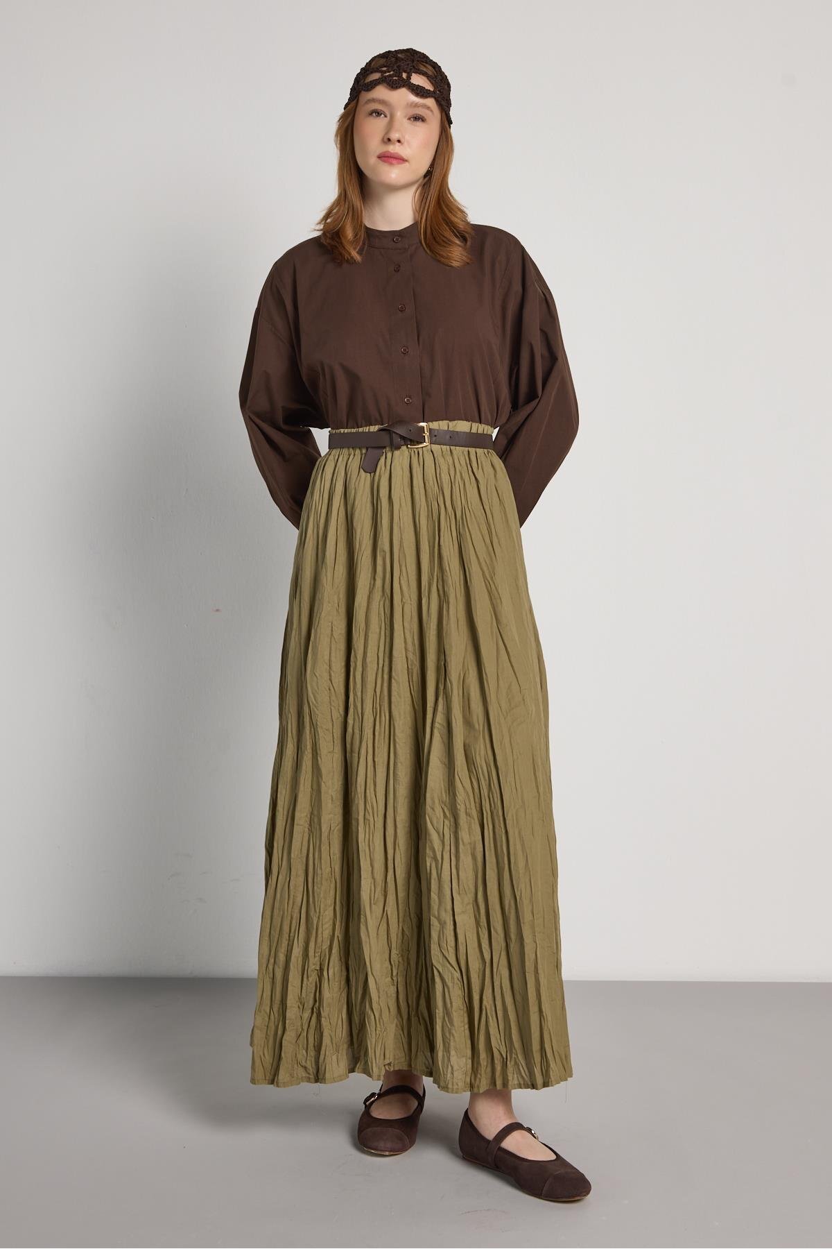 minaaise  Kadın Haki Vual Kumaş Kırışık Uzun Astarlı Etek 29062 - Görsel 7