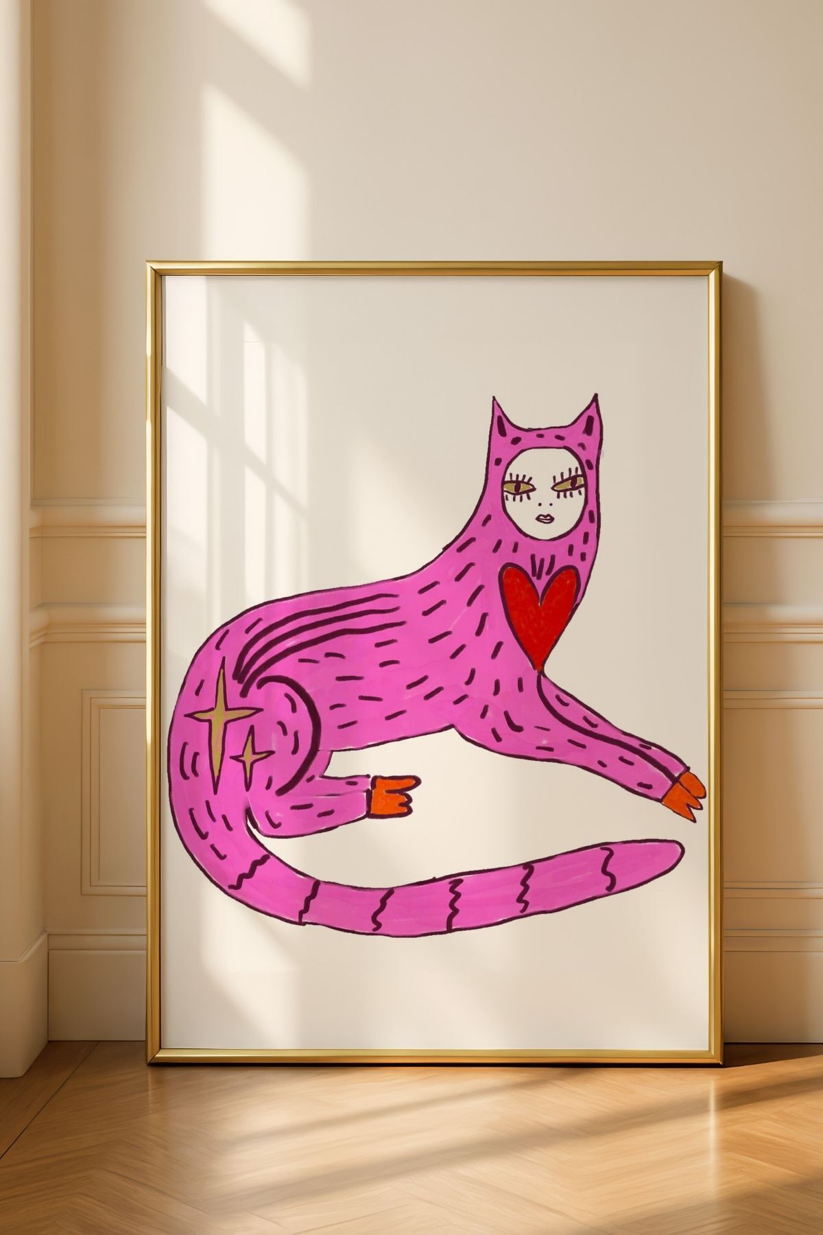 Pembe Kedi Modern Tablo Sanatsal Poster Duvar Dekoru Çerçevesiz