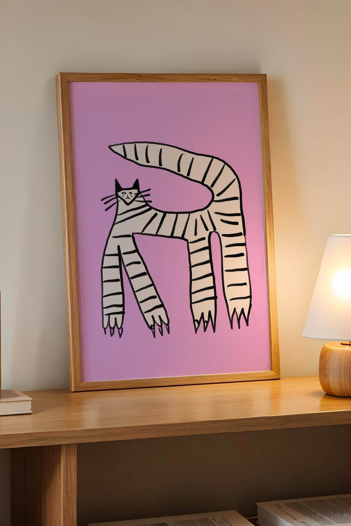 Pembe Çizgili Kedi Tablo Modern Poster Duvar Dekoru Çerçevesiz