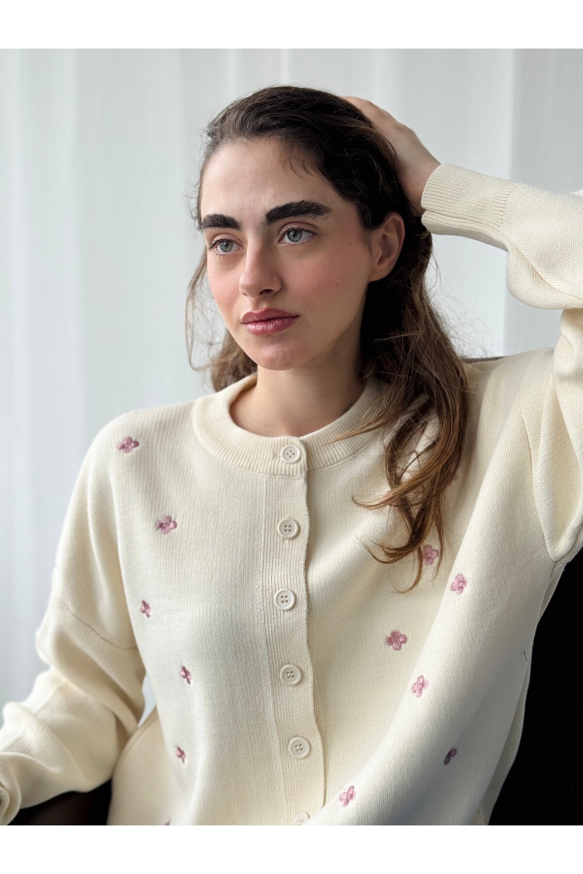 Retrobird  Nakış İşlemeli Romantik Hırka Kadın Krem Lila - Görsel 7