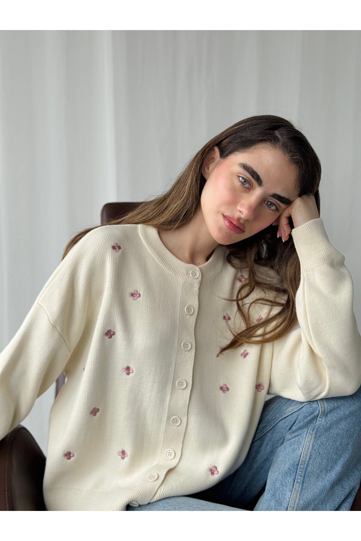 Retrobird  Nakış İşlemeli Romantik Hırka Kadın Krem Lila - Görsel 3