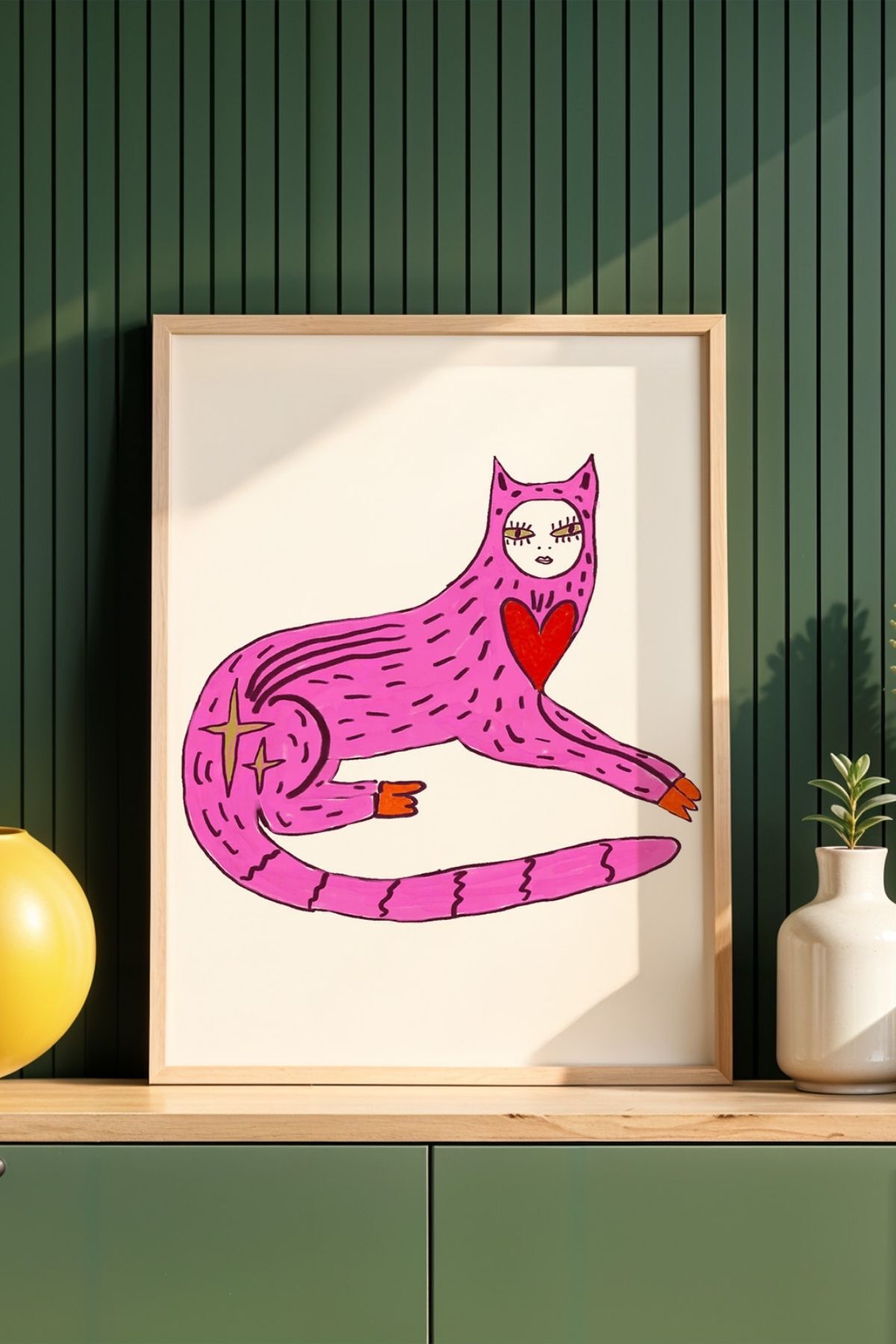 Pembe Kedi Modern Tablo Sanatsal Poster Duvar Dekoru Çerçevesiz