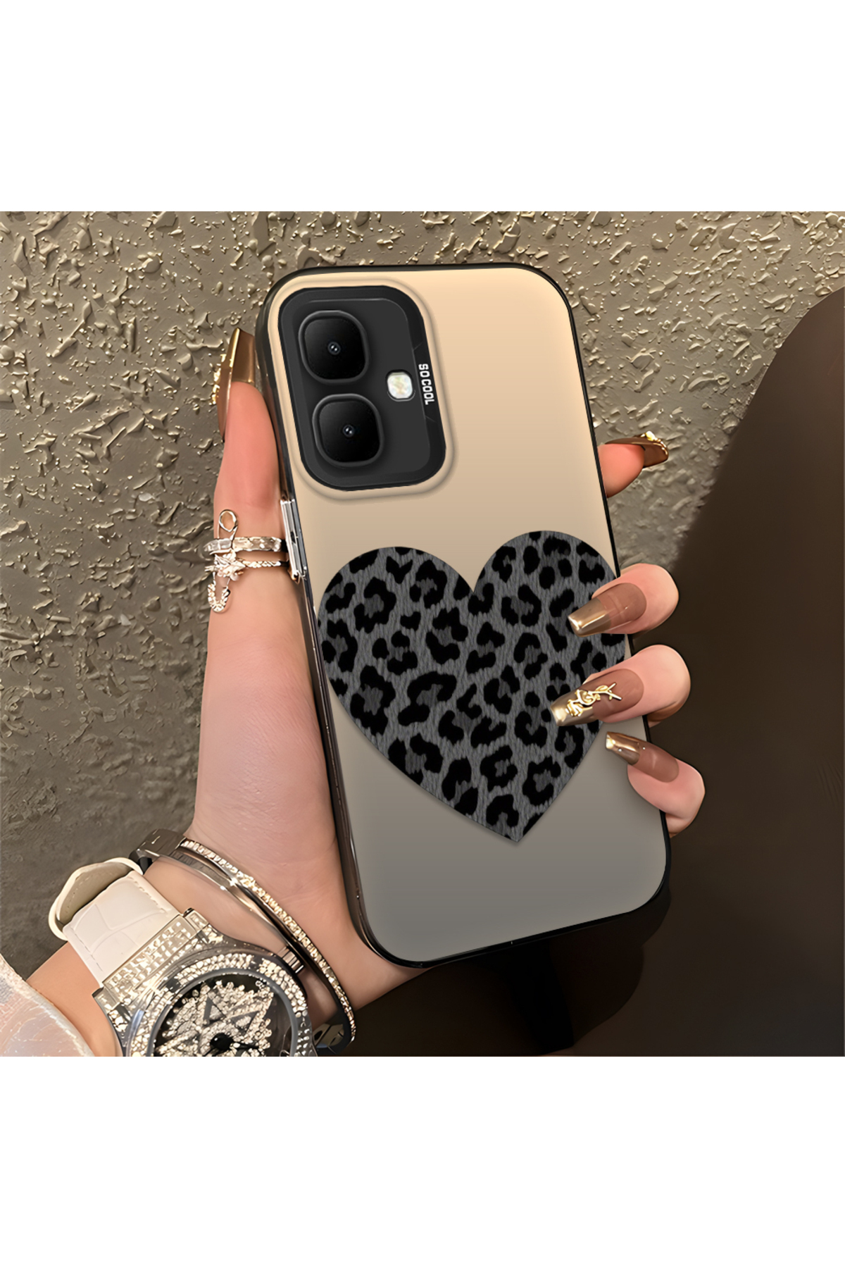 Infinix Smart 10 Compatible Silicone Edge Hard Back Anti Fall Phone Case Leopard Heart Pattern