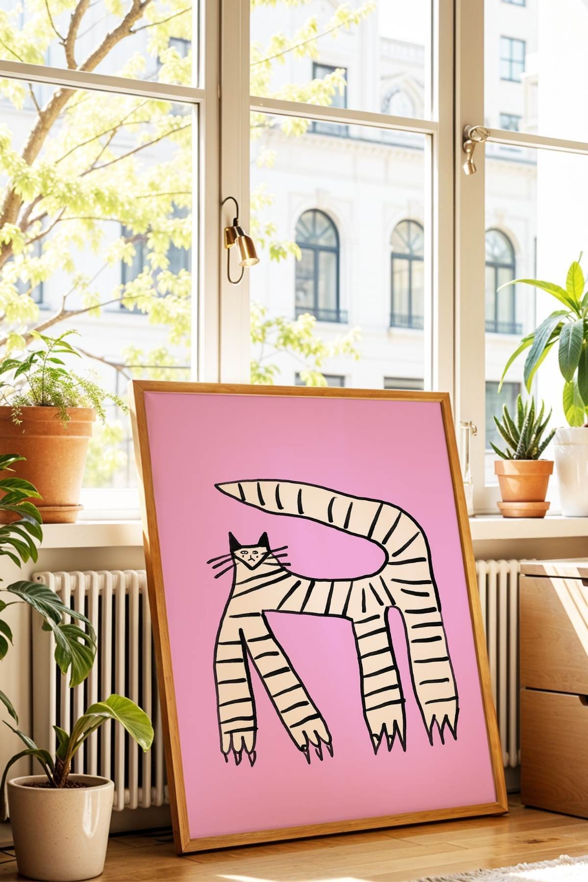 Pembe Çizgili Kedi Tablo Modern Poster Duvar Dekoru Çerçevesiz