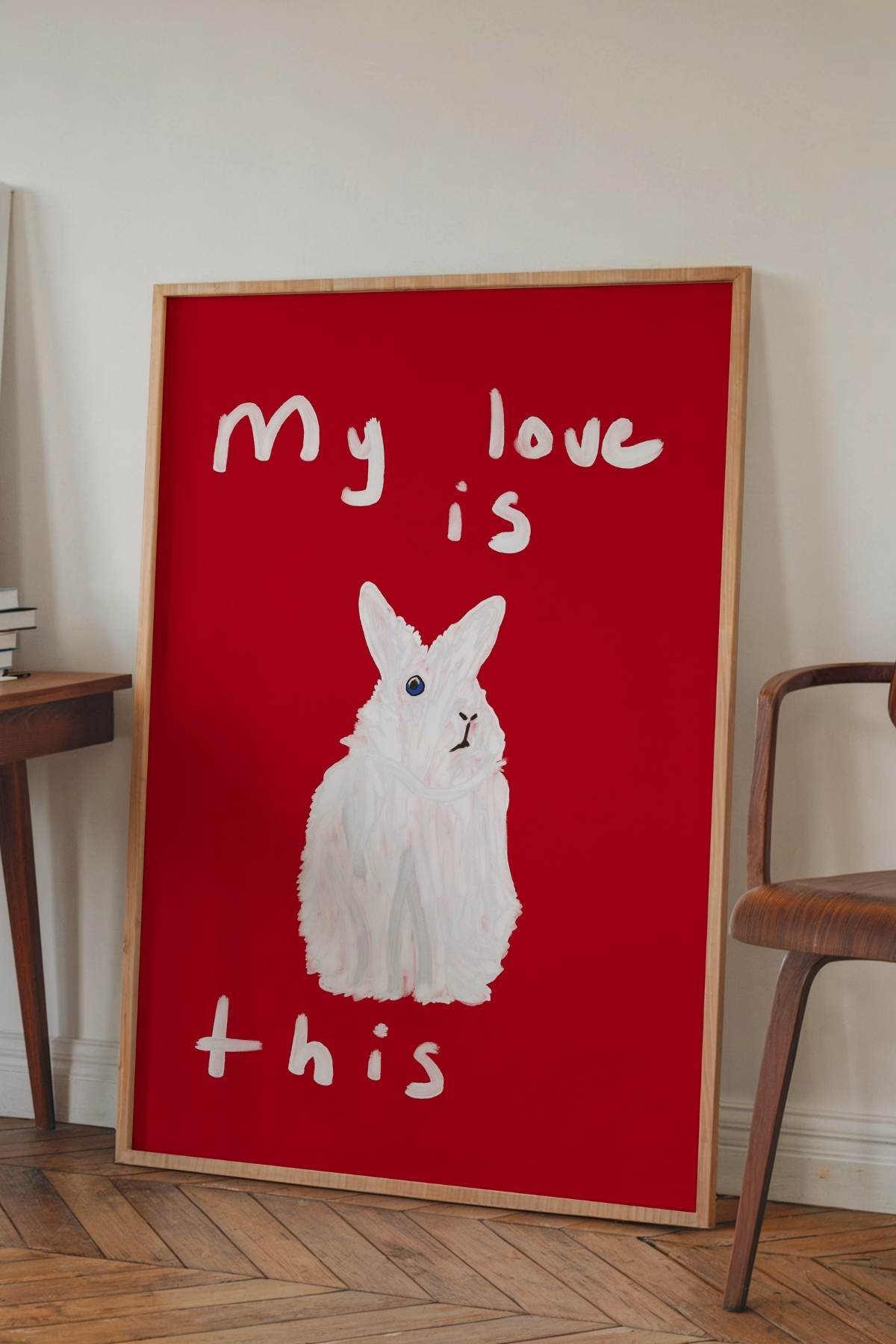 Kırmızı Zeminli Tavşan Figürlü Yazılı Modern Poster Tablo Duvar Dekoru Çerçevesiz
