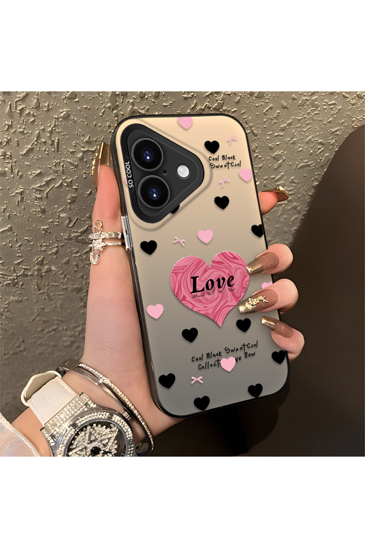 iPhone 16 Plus Compatible Silicone Edge Hard Back Anti Fall Phone Case Heart Pattern