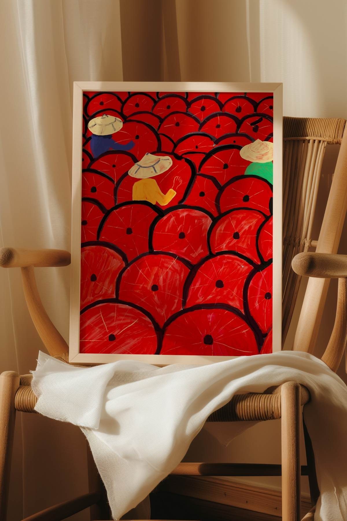 Kırmızı Tarlada Çalışan Kadın Figürlü Tablo Modern Poster Duvar Dekoru Çerçevesiz