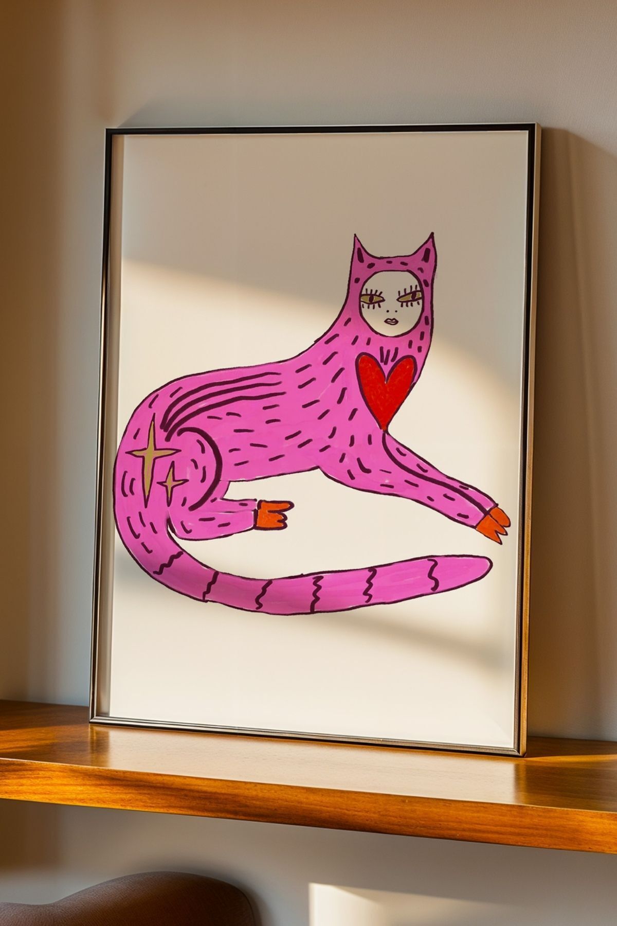 Pembe Kedi Modern Tablo Sanatsal Poster Duvar Dekoru Çerçevesiz