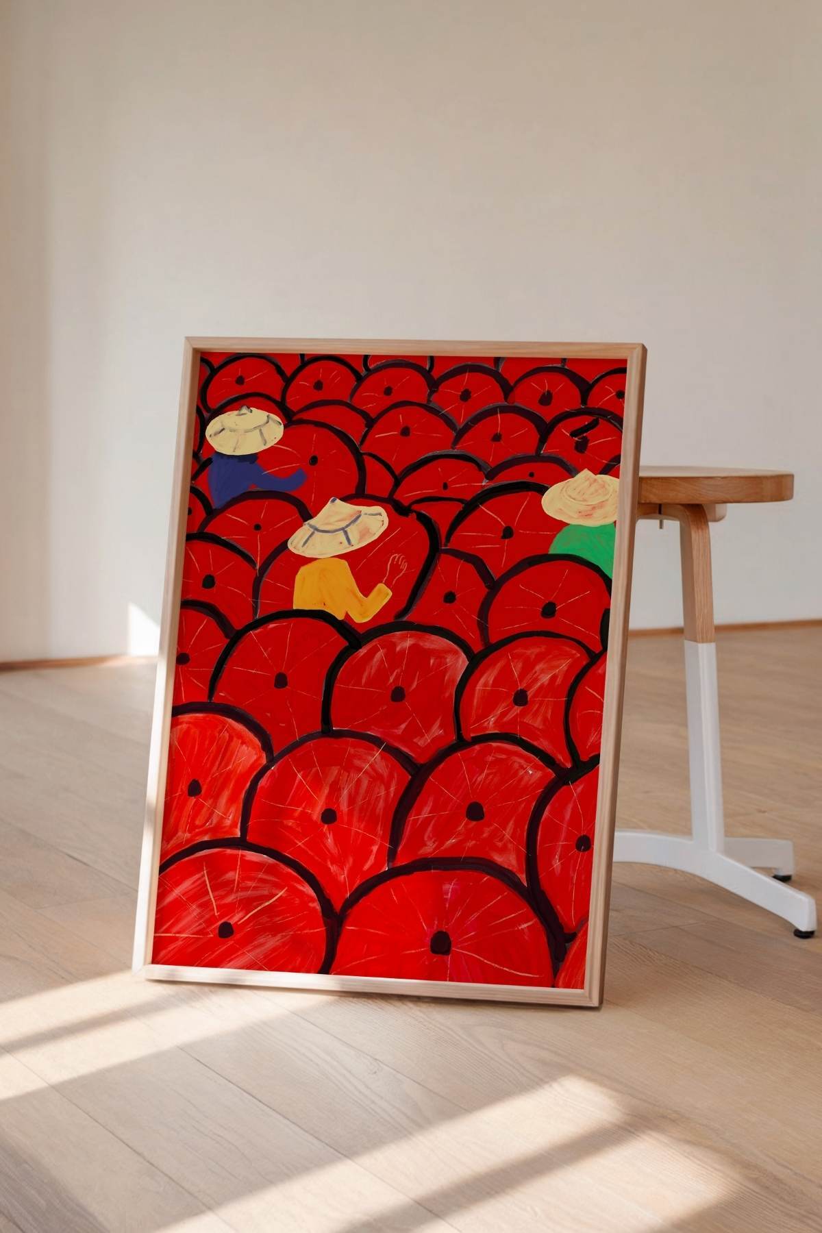 Kırmızı Tarlada Çalışan Kadın Figürlü Tablo Modern Poster Duvar Dekoru Çerçevesiz