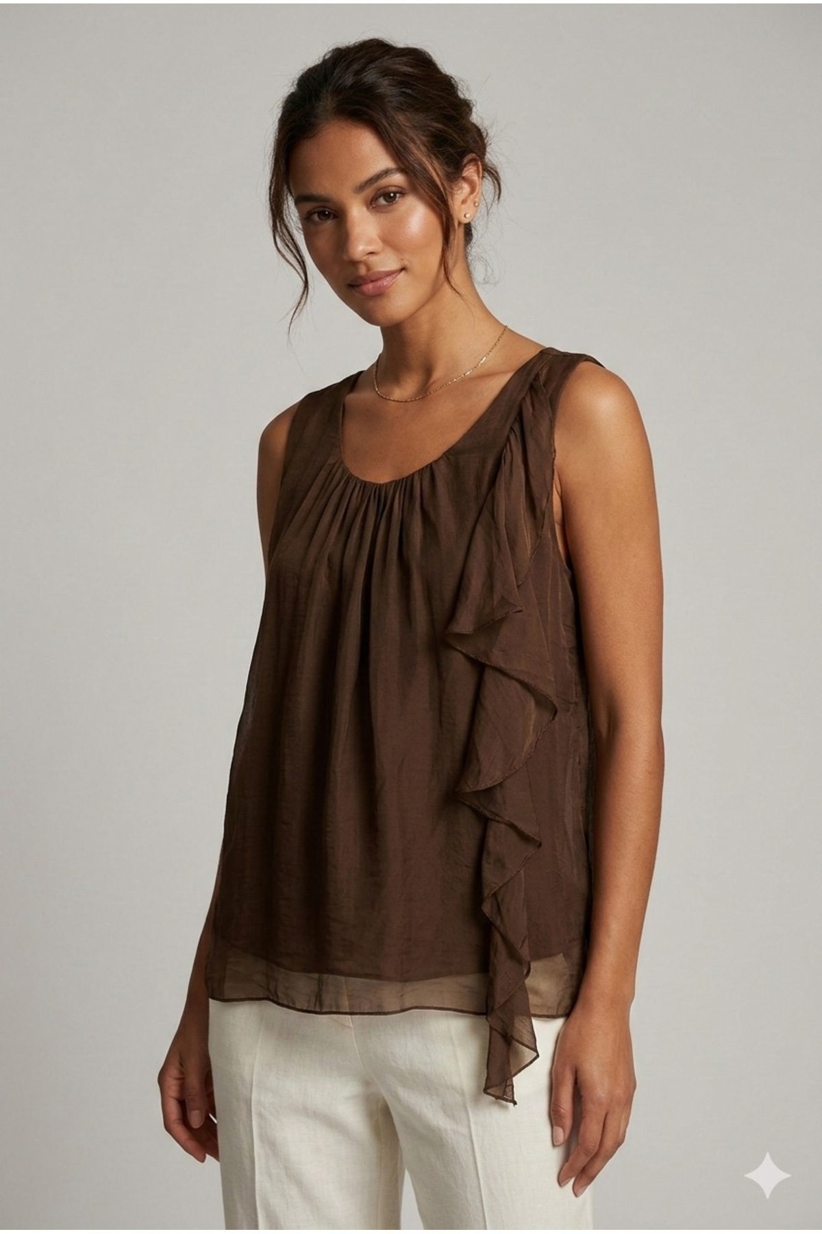 della moor  İtalyan Kakao Sıfır Kol Önü Fırfırlı Astarlı İpek Bluz