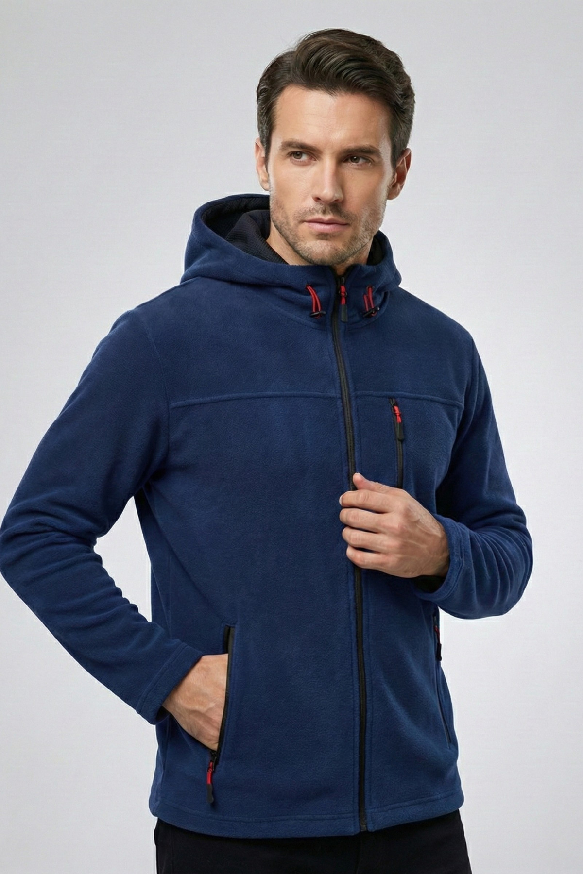 Men's Navy Blue Hooded Fleece with 3 Pockets Length Zipper