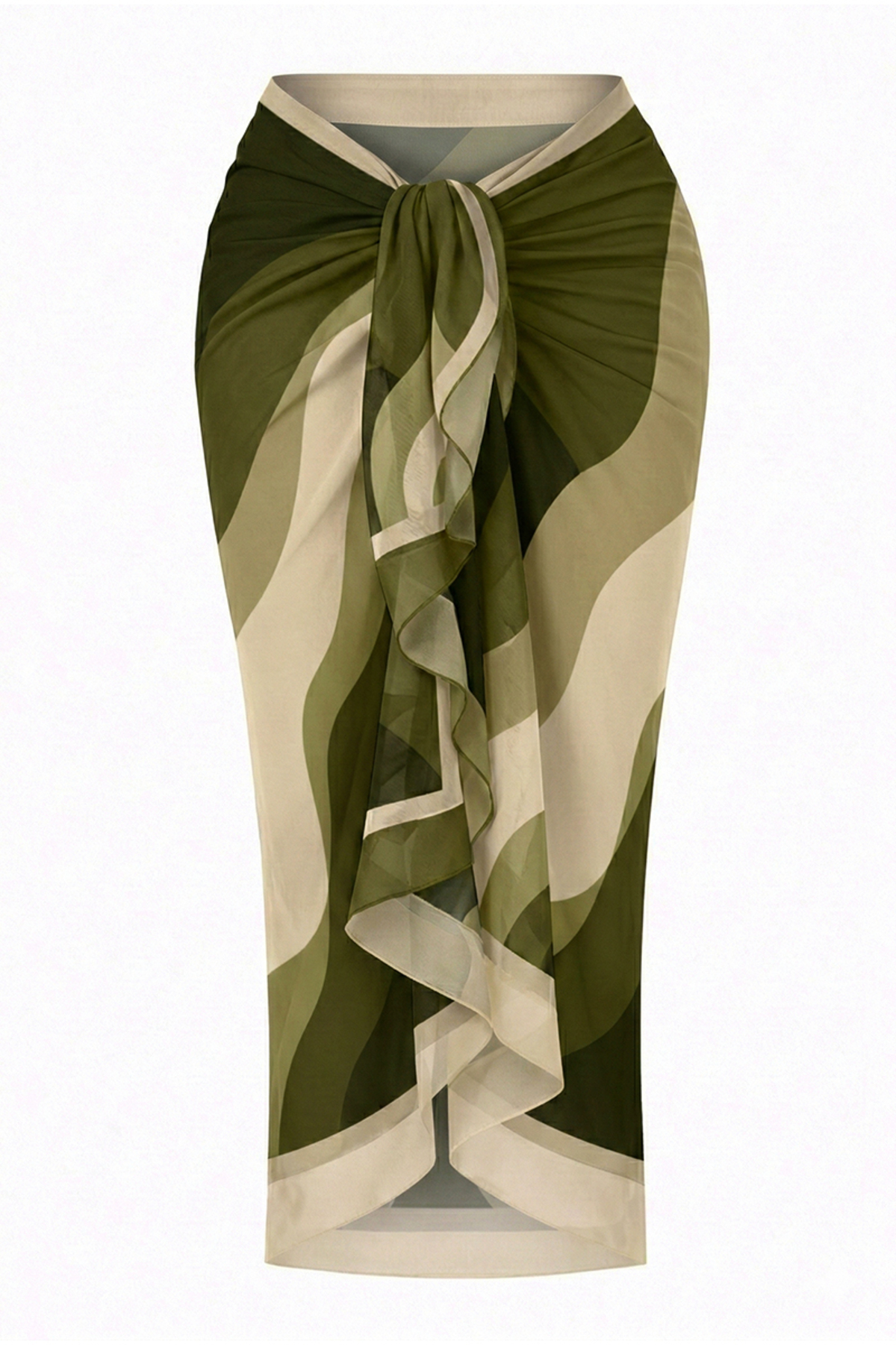 Women's Khaki Green Wave Pattern Non-Showing Interior Long Pareo