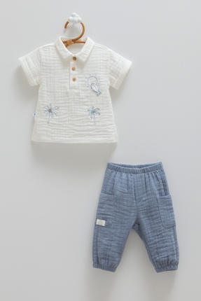 Caramell %100 Pamuk Erkek Bebek Müslin Takım Nakışlı Gömlek ve Pantolon Seti ...