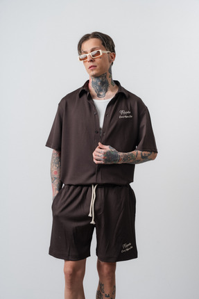 Respire Erkek Res Club Yazılı Oversize Gömlek Şort Takım Kahve