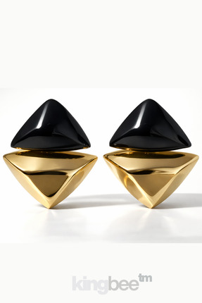 King Bee PETRA MODEL Kadın Geometrik Stud Küpe - Siyah ve Altın Sarısı Üçgen ...