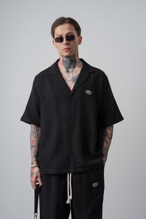 Respire Erkek R Nakışlı Kısa Kollu Müslin Oversize Gömlek Siyah