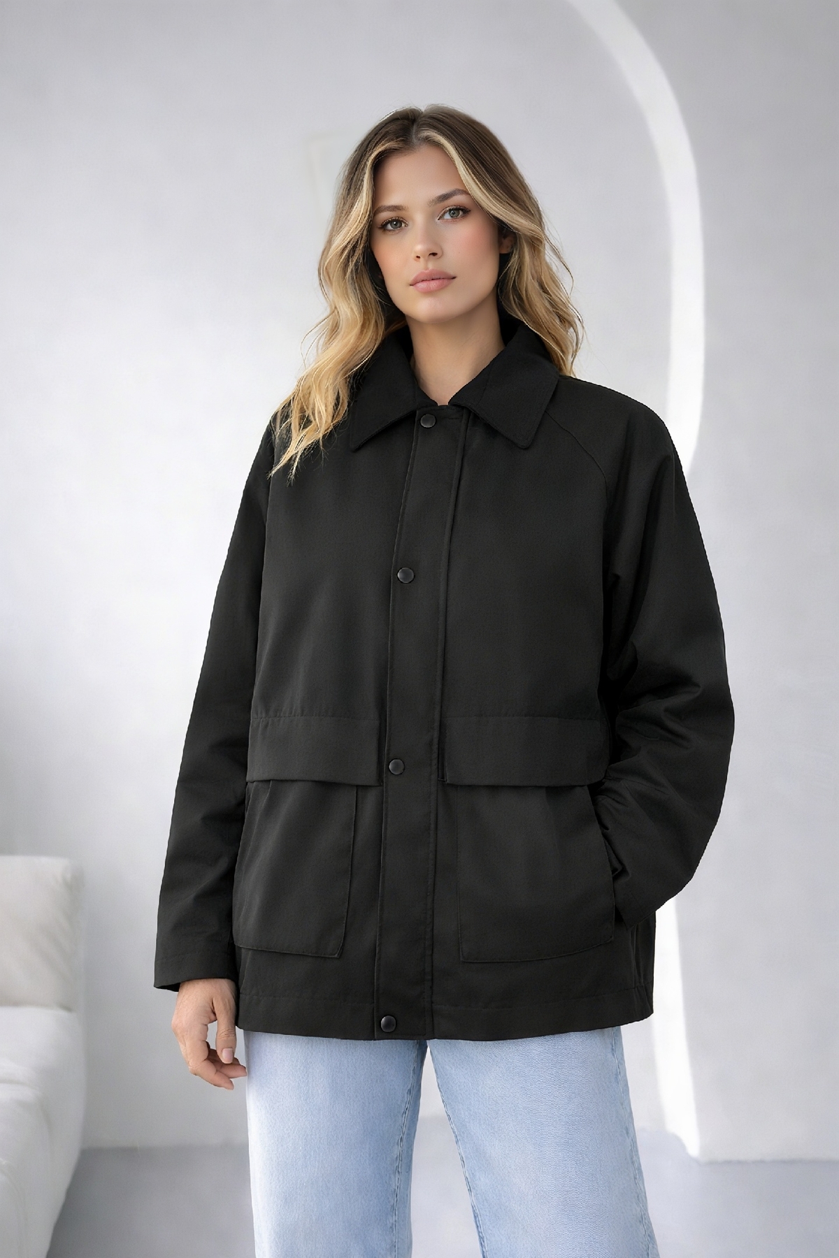 EA LİNE  Siyah Oversize Kadife Yaka ve Çıtçıt Detaylı Unisex Mevsimlik Mont&Ceket - Görsel 3