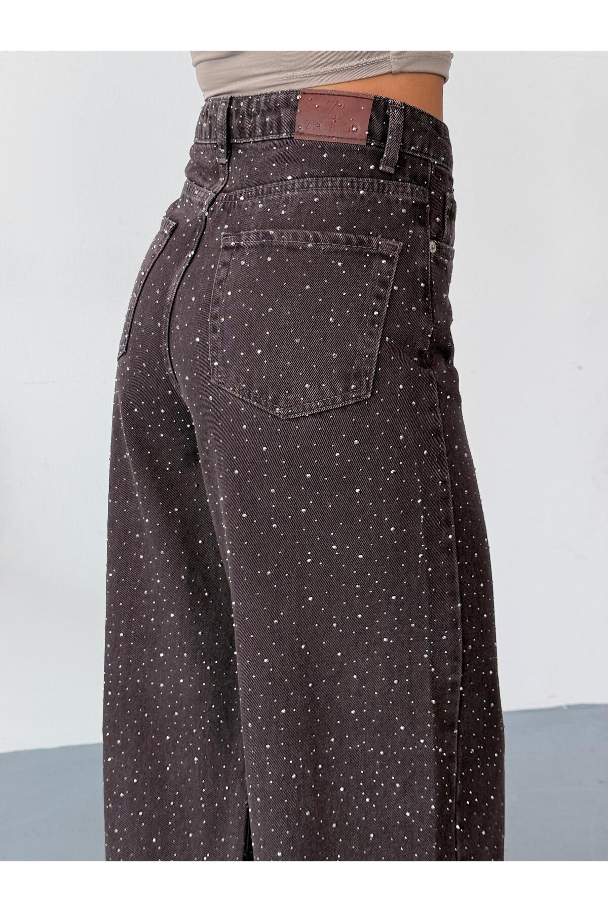 Vooz  Kadın Taşlı Baggy Jean Yüksek Bel Bol Paça Pantolon Kahverengi