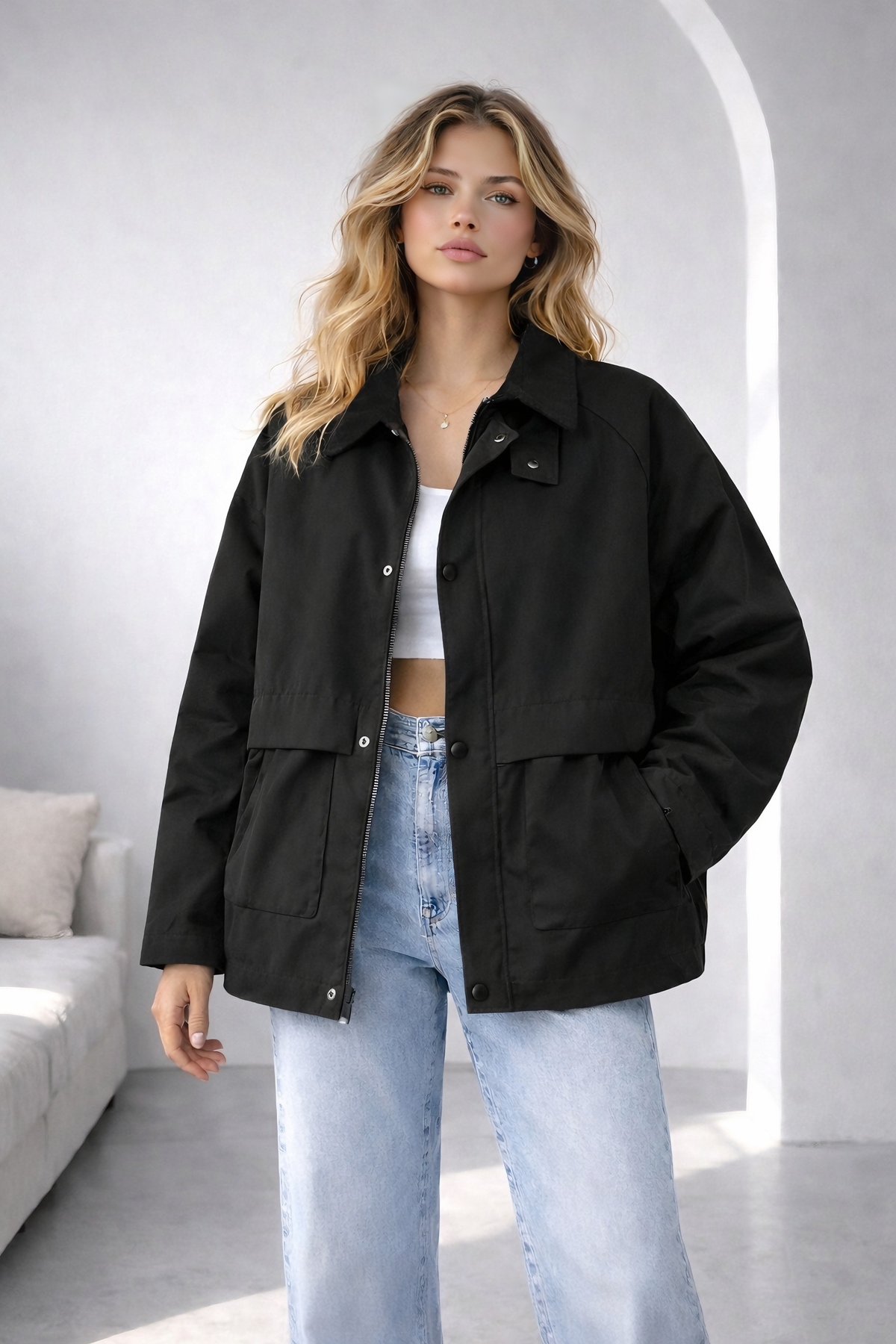 EA LİNE  Siyah Oversize Kadife Yaka ve Çıtçıt Detaylı Unisex Mevsimlik Mont&Ceket