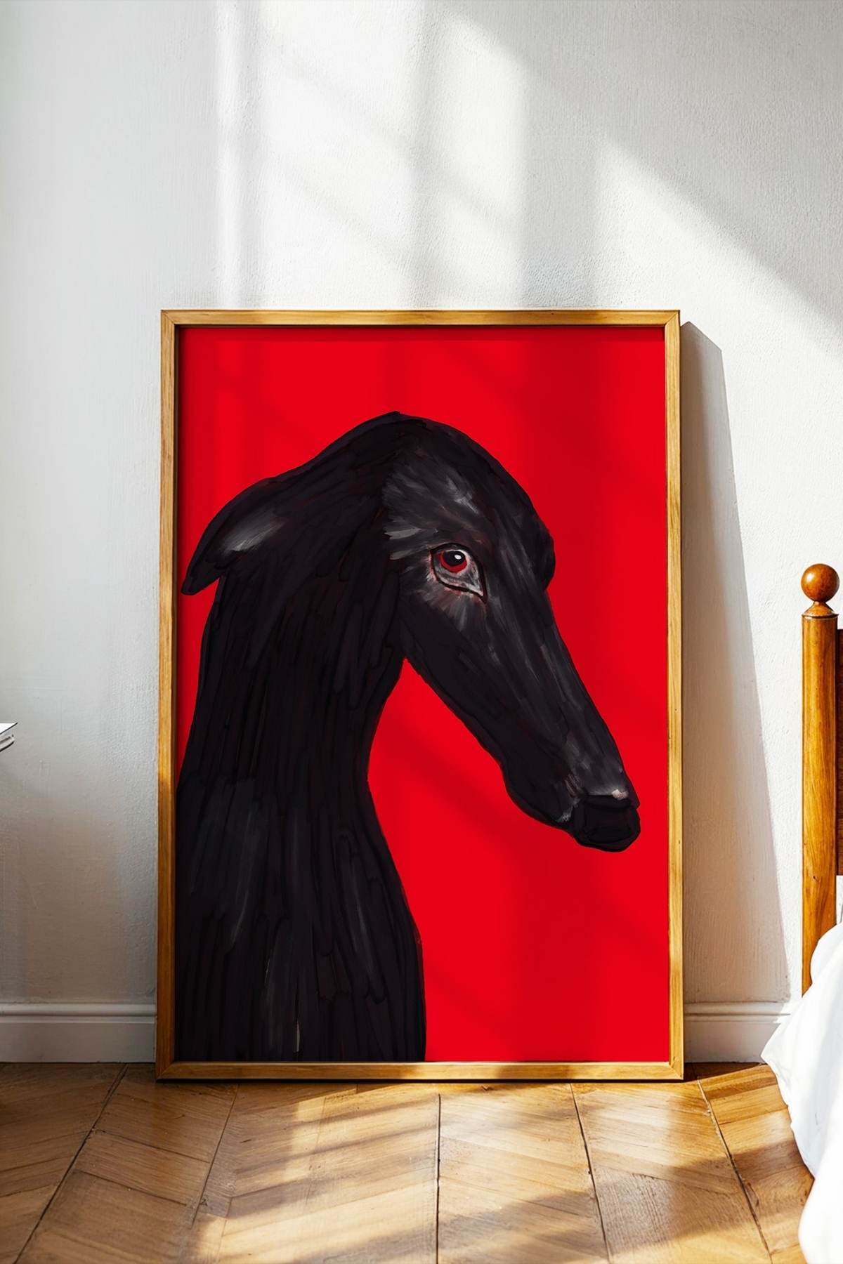 2’li Kırmızı Tablo Poster Seti Yazılı Sandalye ve Siyah Köpek Figürlü Çerçevesiz