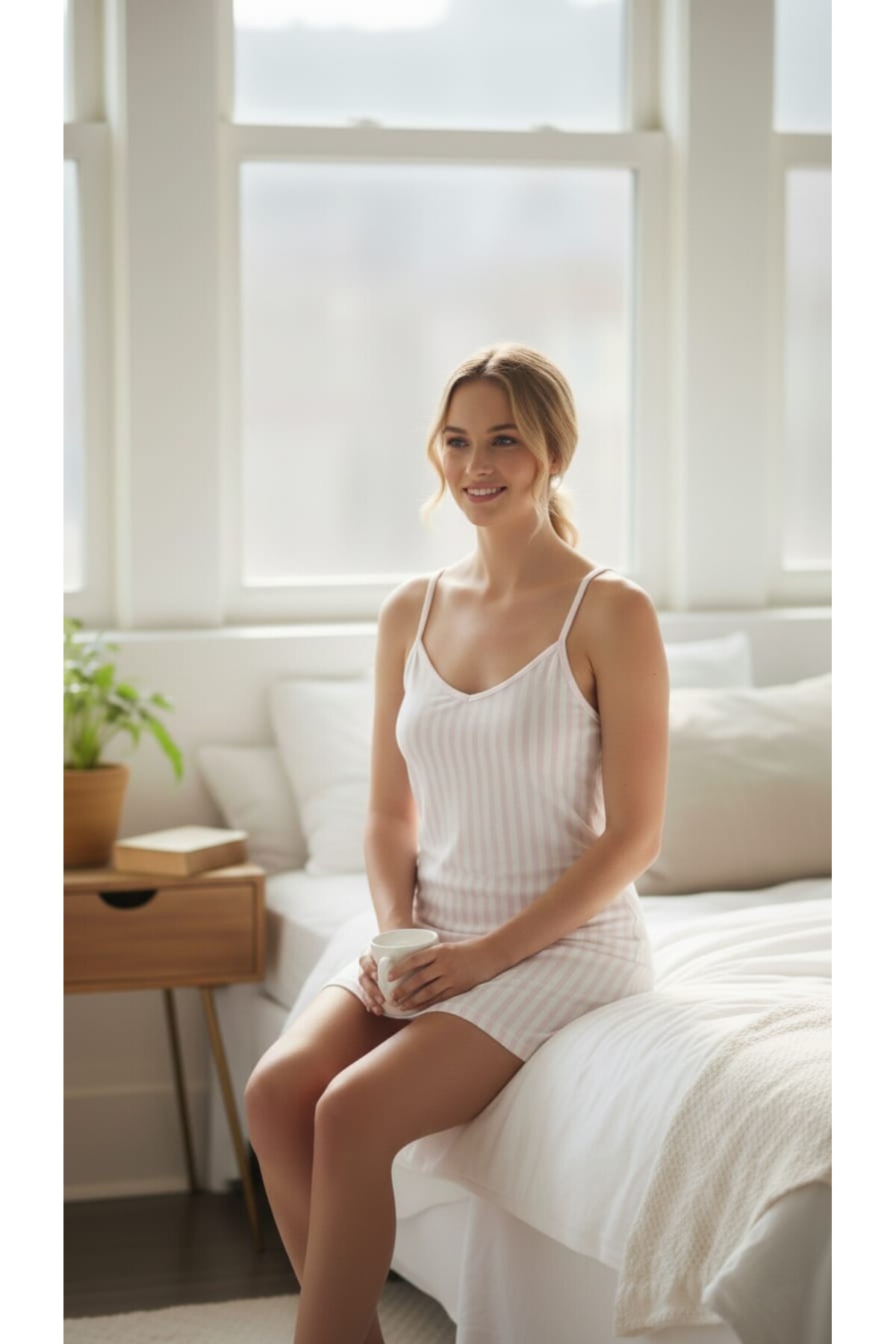 hepimiz alalım Çizgili Askılı Kadın Gecelik – Rahat Pamuklu Ev Giyim