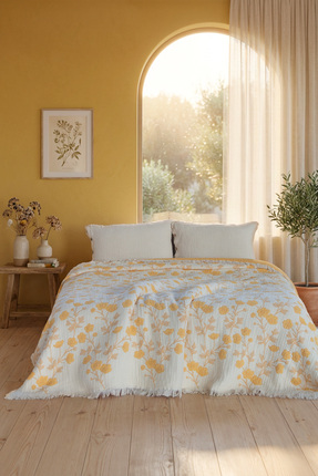 luxtex Çift Taraflı, Çiçek Desenli, 5 Katlı Müslin Yatak Örtüsü Seti, 220 x 2...