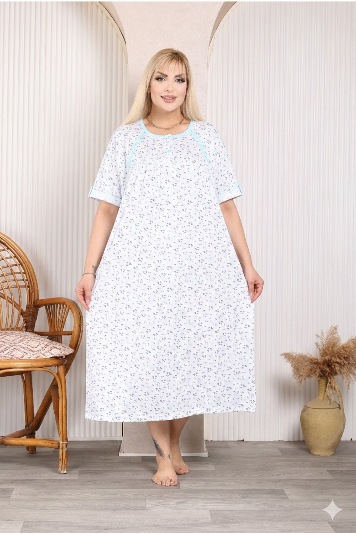 ZBTEKS Mevsimlik %100 Pamuklu Çok Bol Kesim Geniş Kalıp Kısa Kollu Anne Gecelik