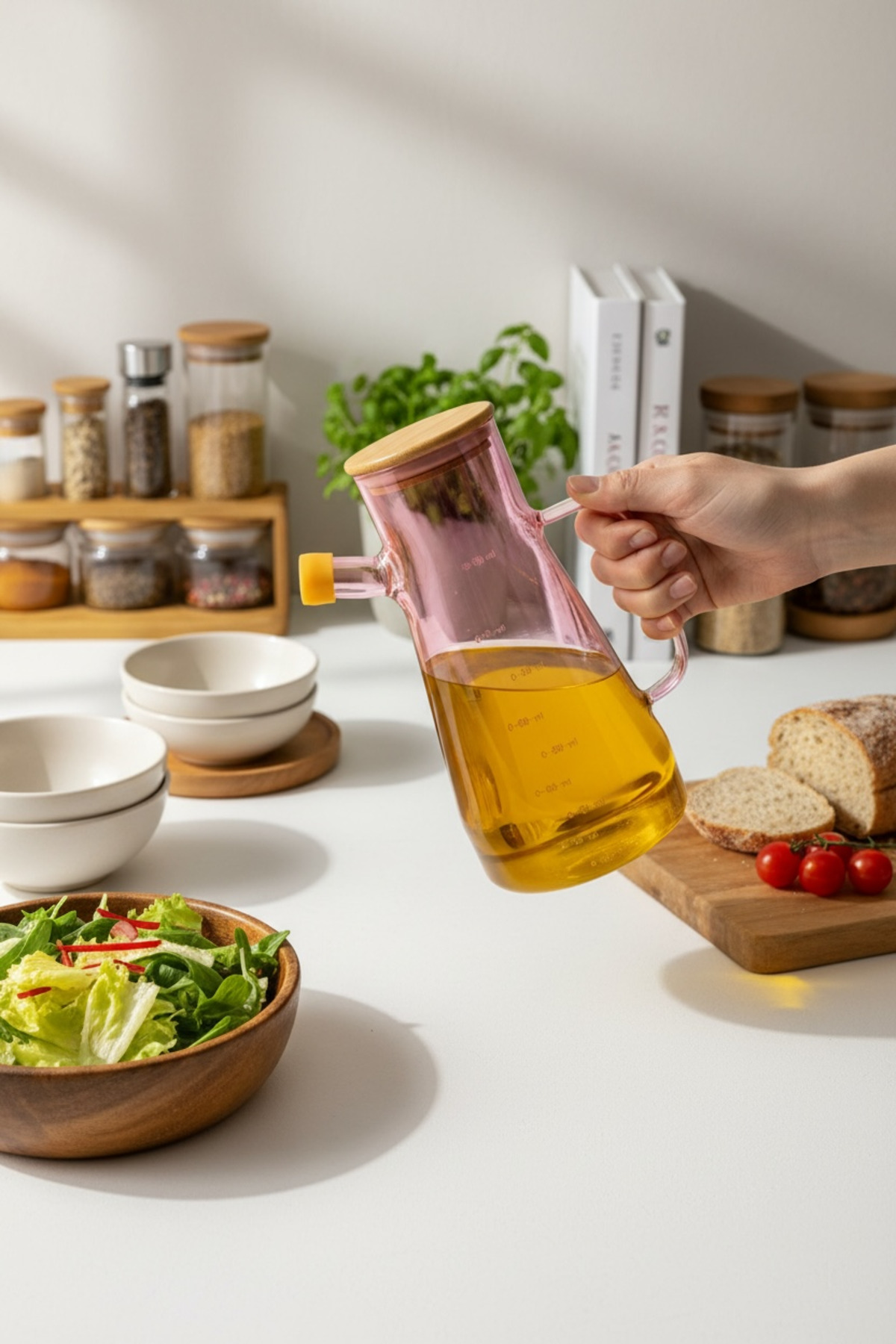 Renkli 900 ml Yağdanlık – Cam Yağ Şişesi, Sızdırmaz Kapaklı Bambu Kapaklı