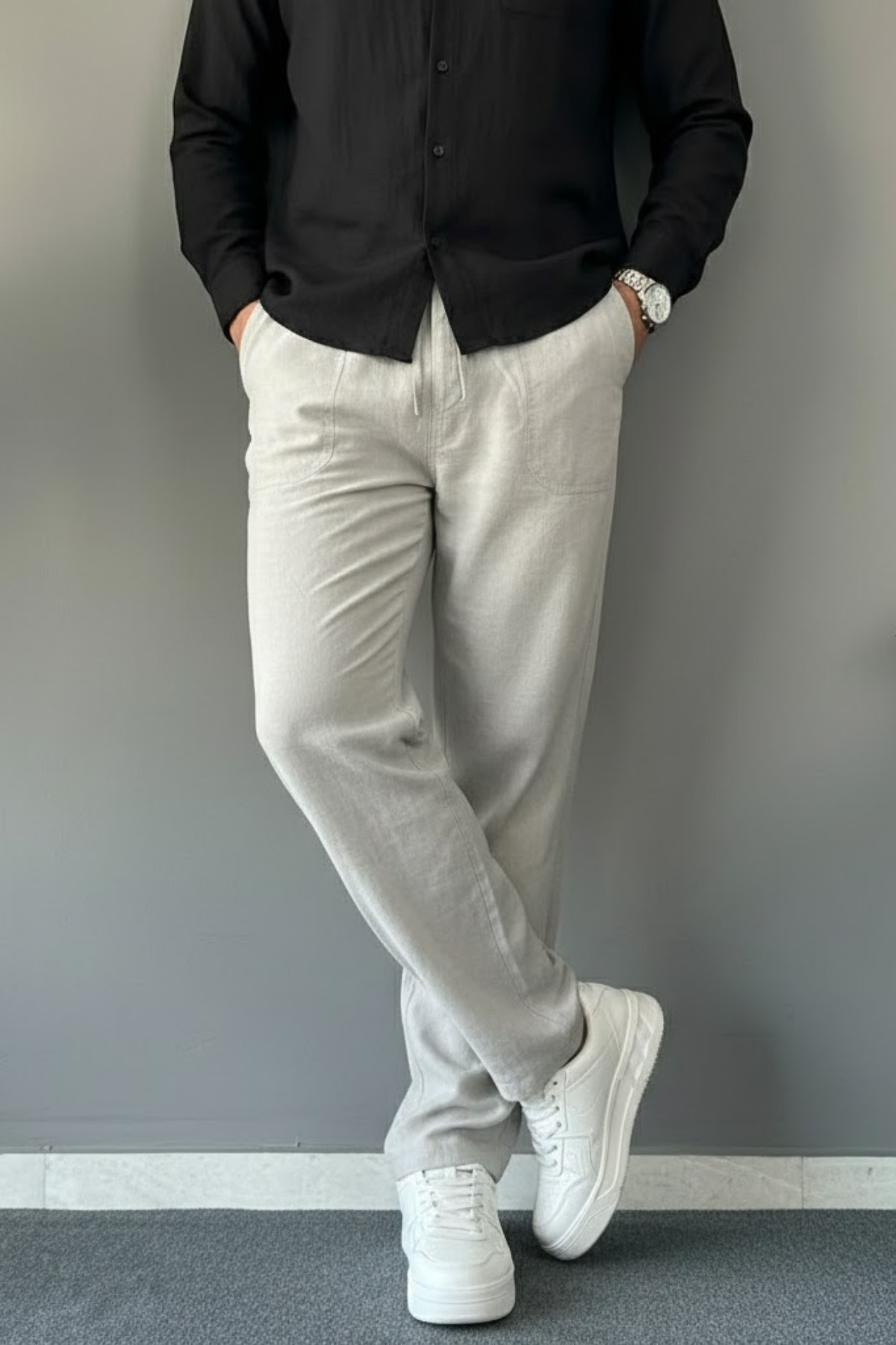 COMBİNE MİCHAİL  Erkek Rahat Yazlık Gri Bol Keten Pantolon - Görsel 5