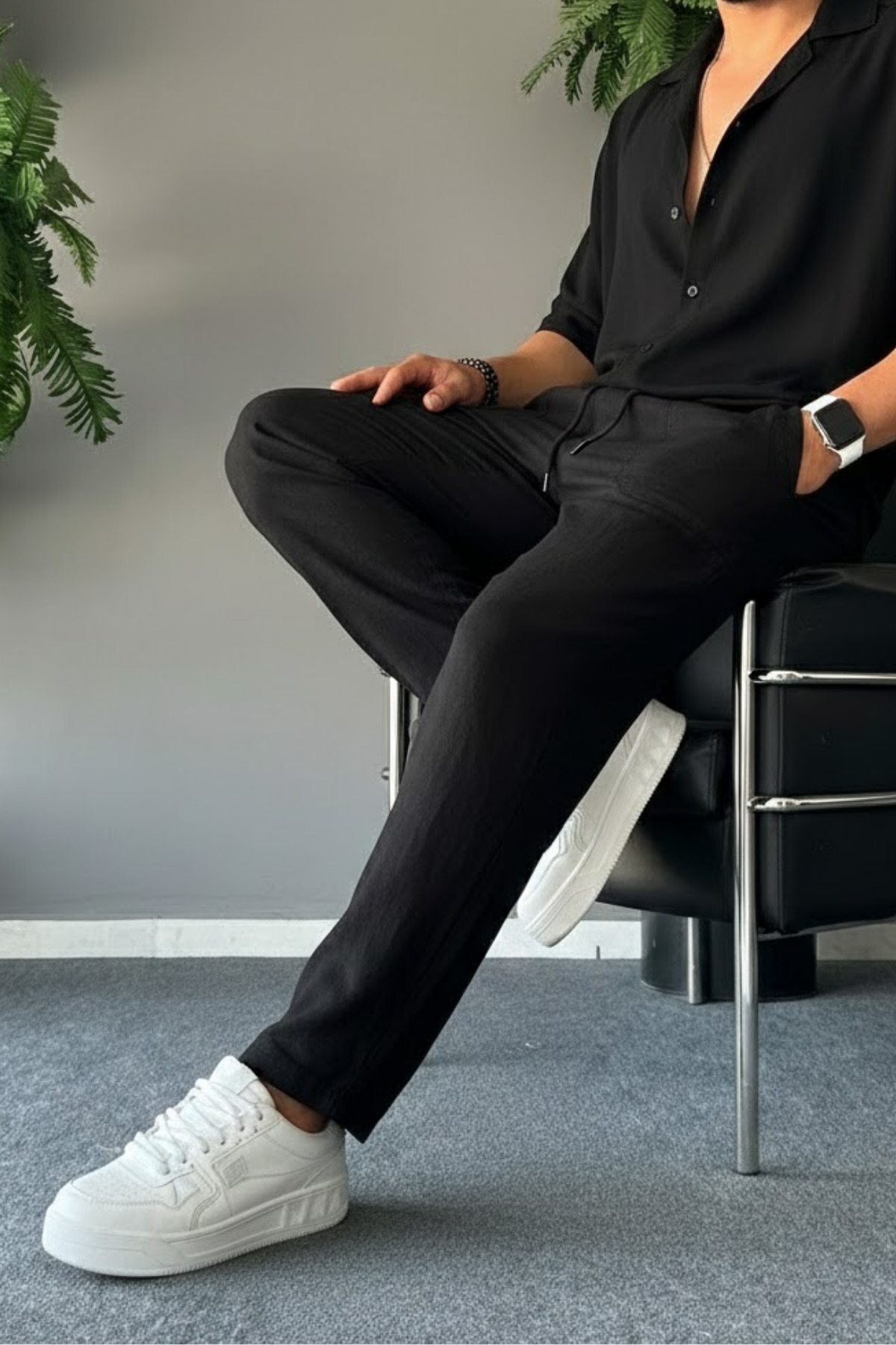 COMBİNE MİCHAİL  Erkek Rahat Yazlık Siyah Bol Keten Pantolon - Görsel 3