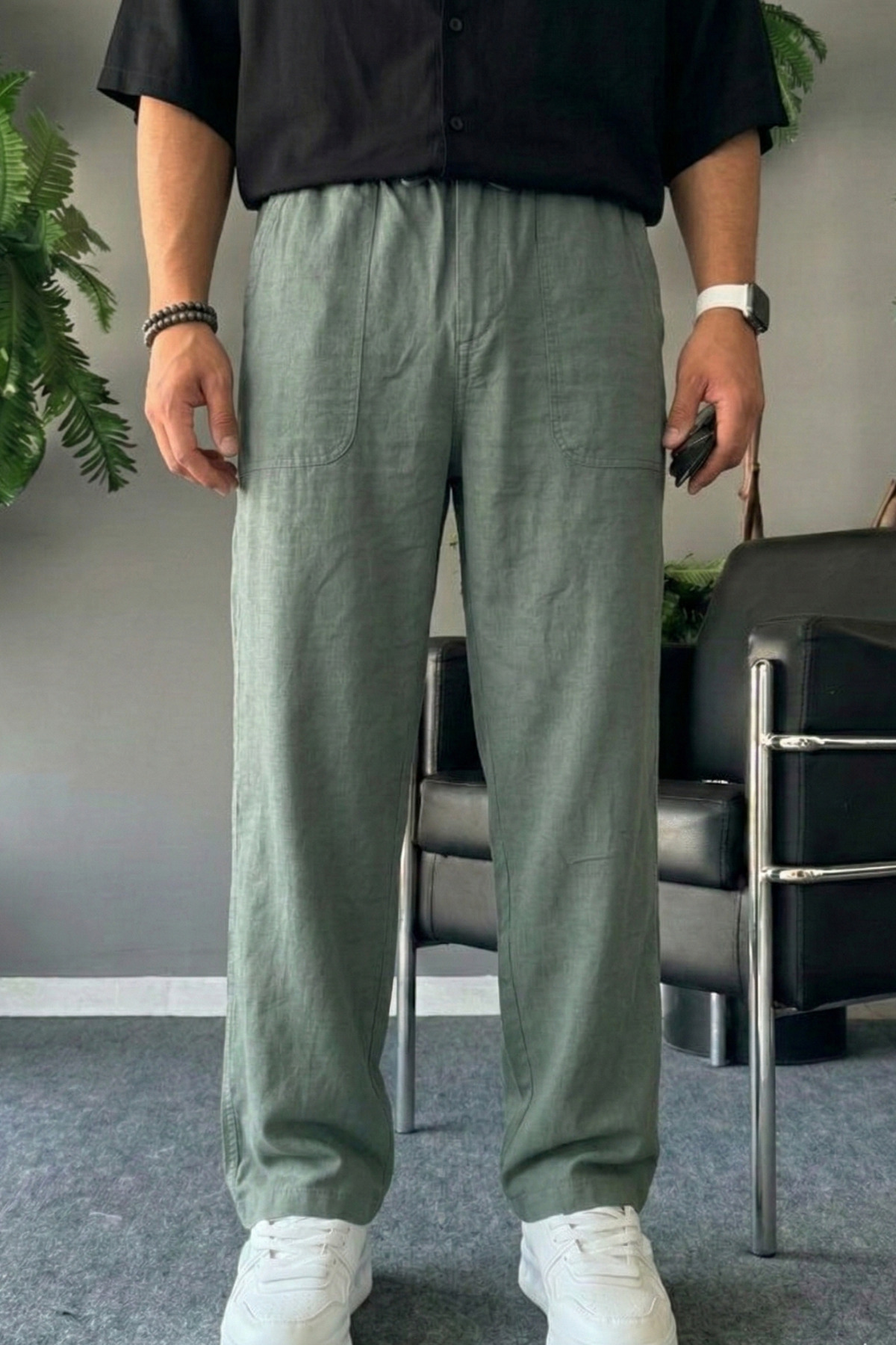 COMBİNE MİCHAİL  Erkek Rahat Yazlık Haki Bol Keten Pantolon - Görsel 2