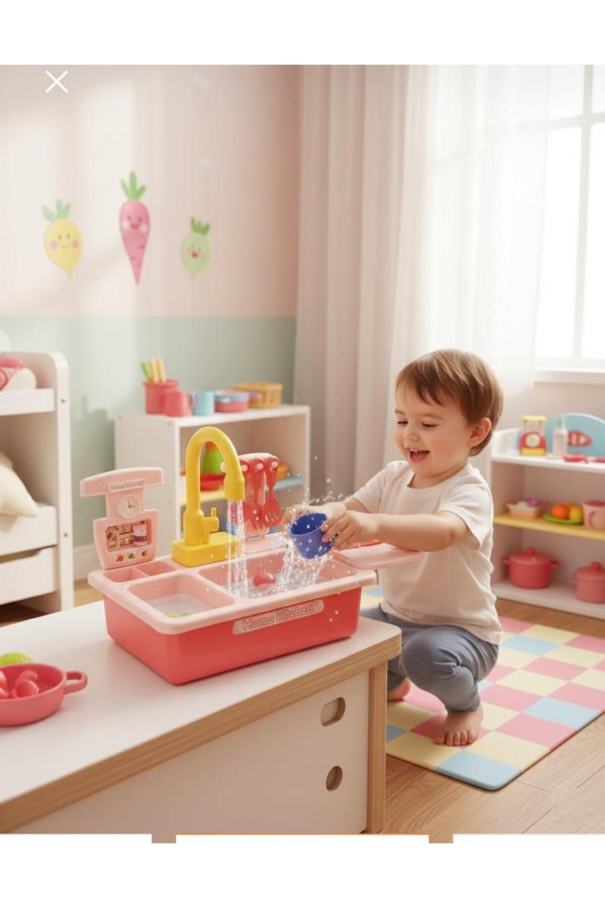 Toy Real Water Flowing Kitchen Sink Set with Accessory Battery Water Recirculation Daisy Pink